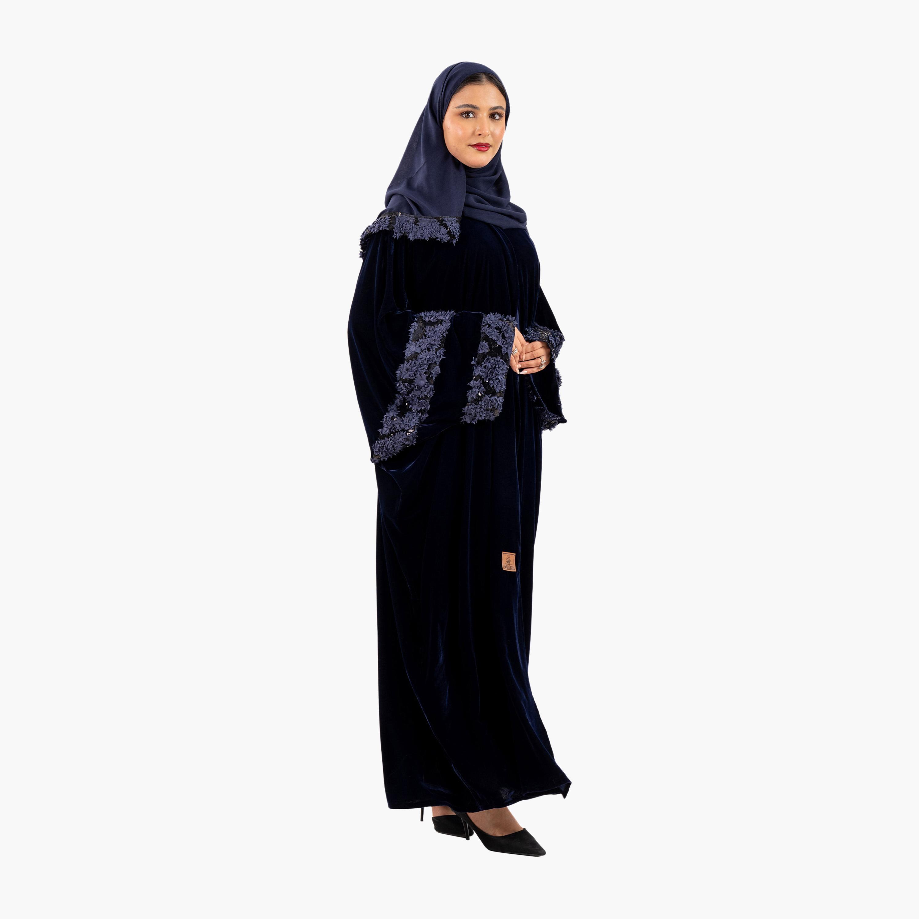Zahiyh 3D Patch Work Wide Sleeves Evening Women's Bisht Abaya with Hijab-women-arabicclothing-abayas-image-4
