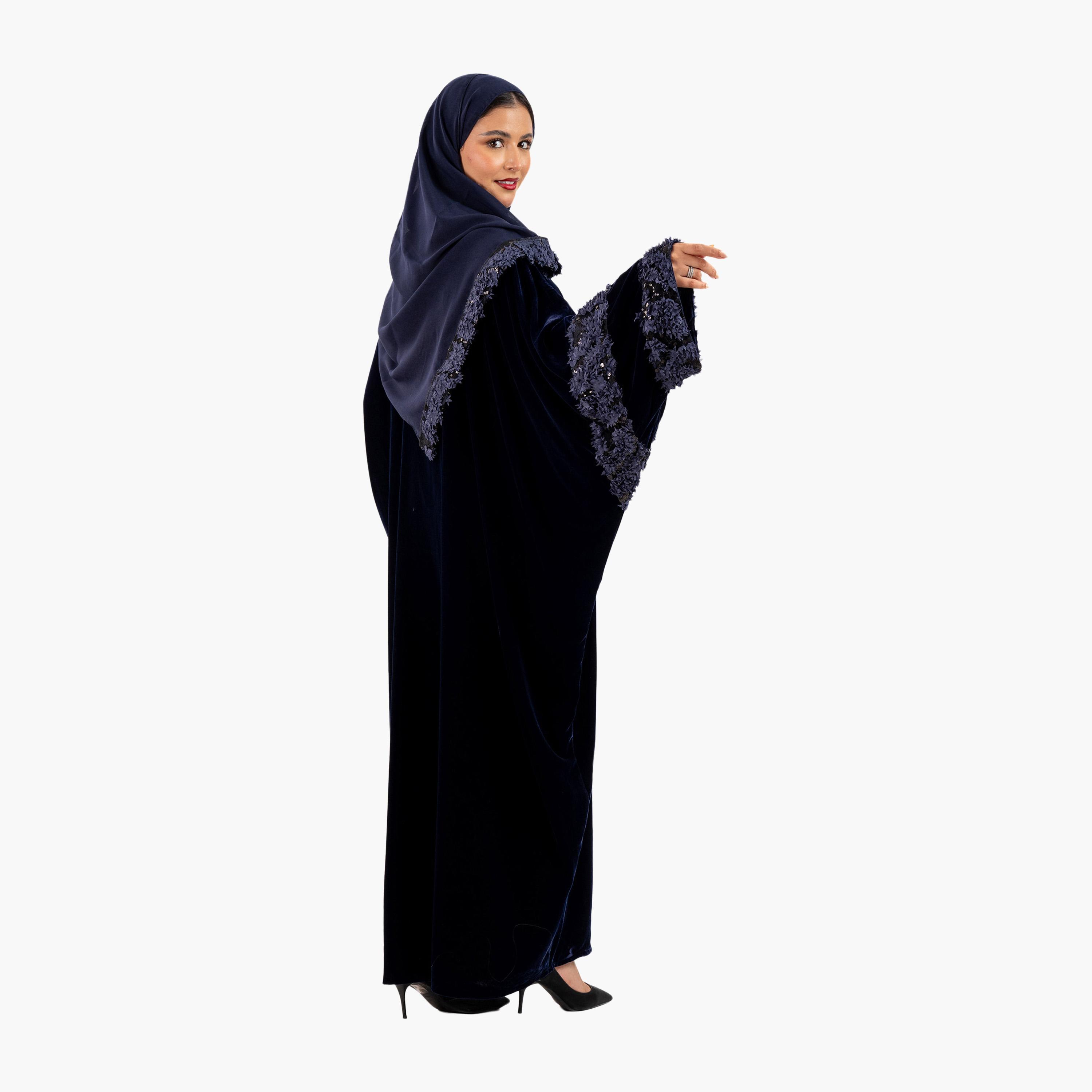 Zahiyh 3D Patch Work Wide Sleeves Evening Women's Bisht Abaya with Hijab-women-arabicclothing-abayas-image-5