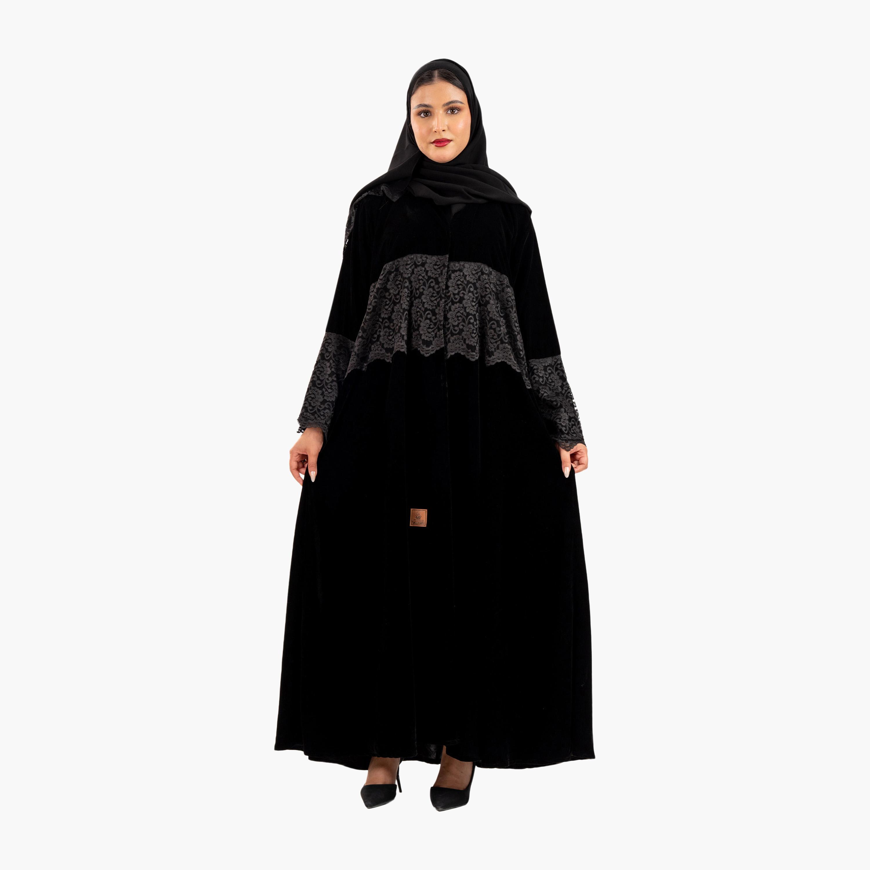 Zahiyh Black Lace Inserted Women's Abaya with Hijab-women-arabicclothing-abayas-image-1