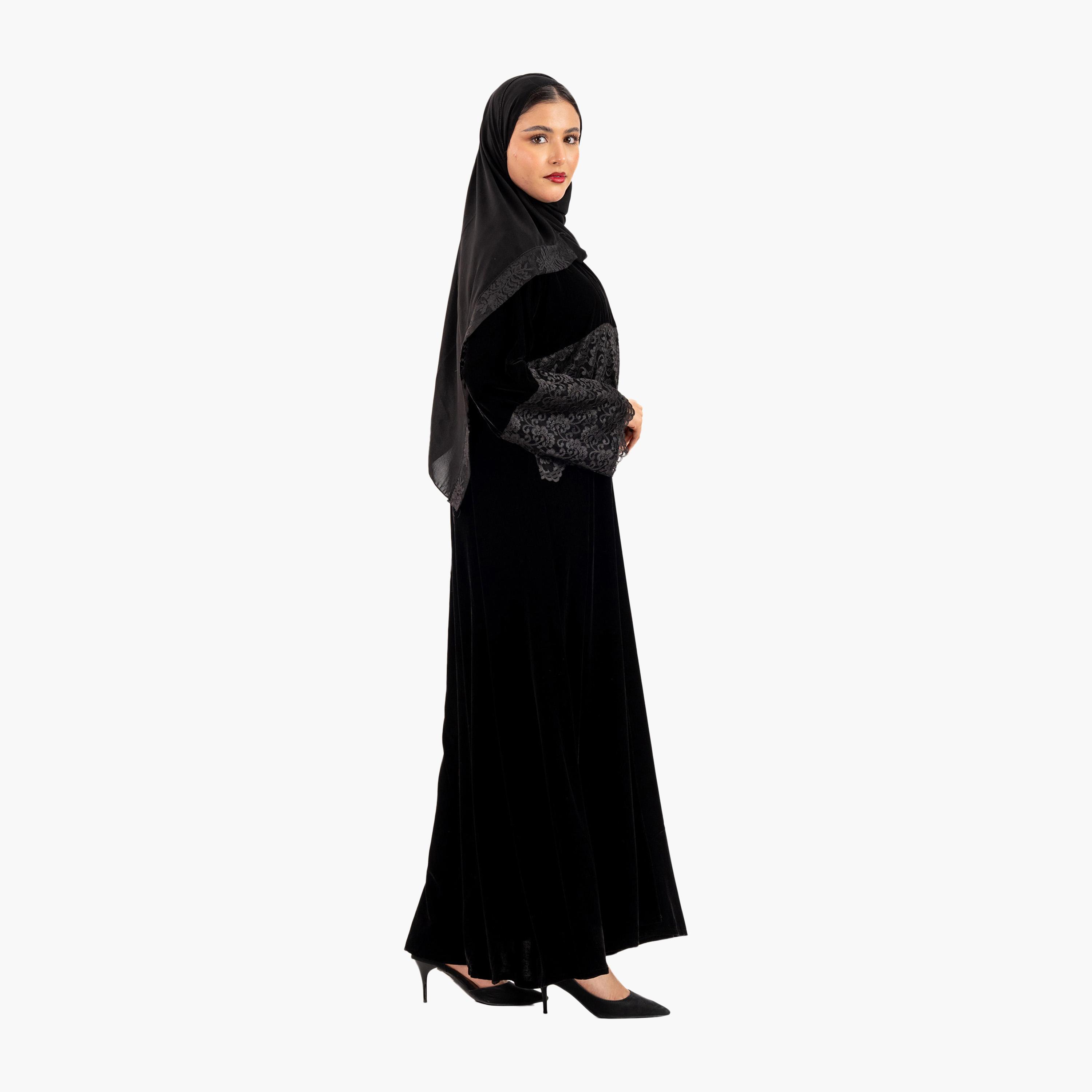 Zahiyh Black Lace Inserted Women's Abaya with Hijab-women-arabicclothing-abayas-image-2