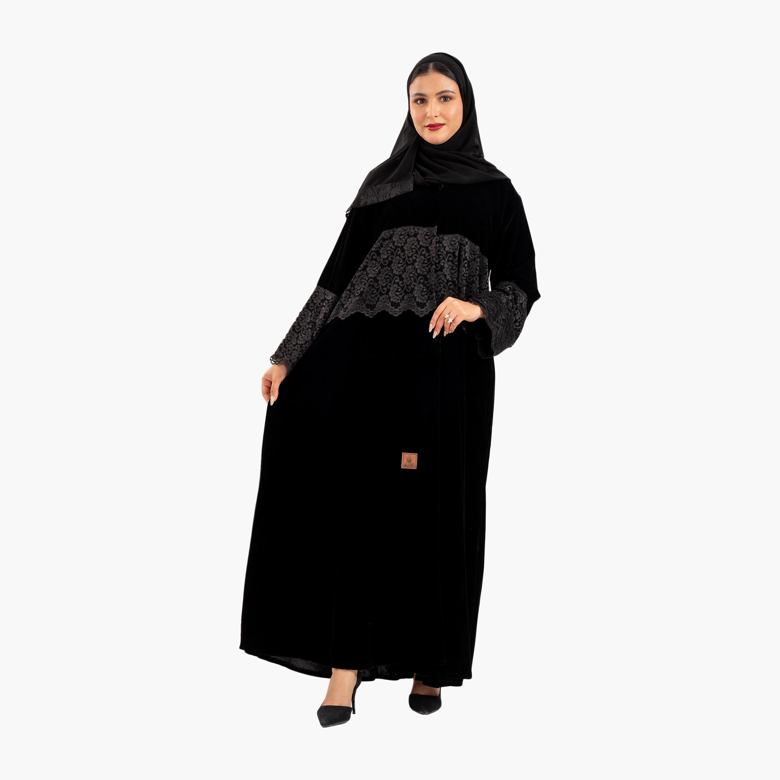 Zahiyh Black Lace Inserted Women's Abaya with Hijab-women-arabicclothing-abayas-image-3