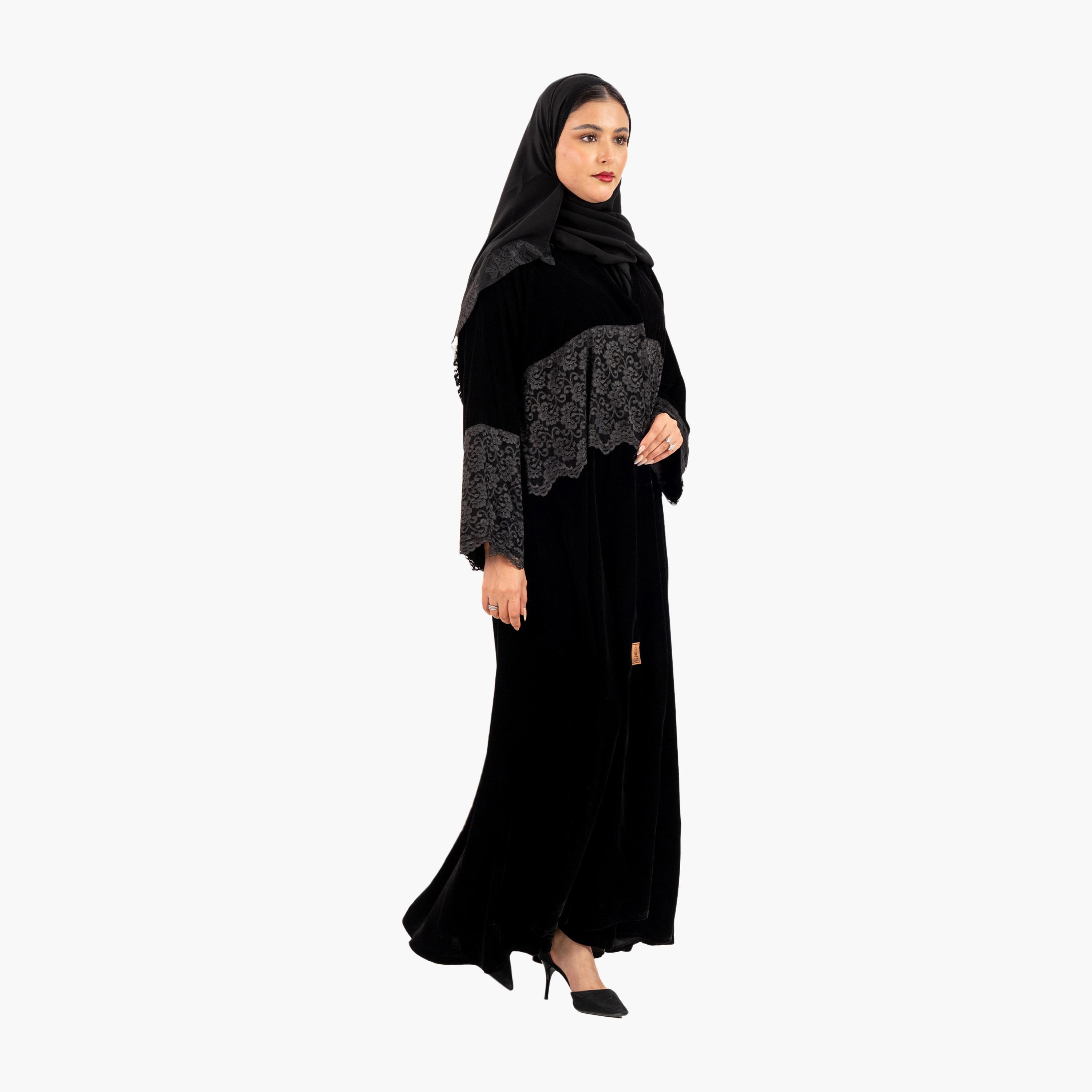 Zahiyh Black Lace Inserted Women's Abaya with Hijab-women-arabicclothing-abayas-image-4