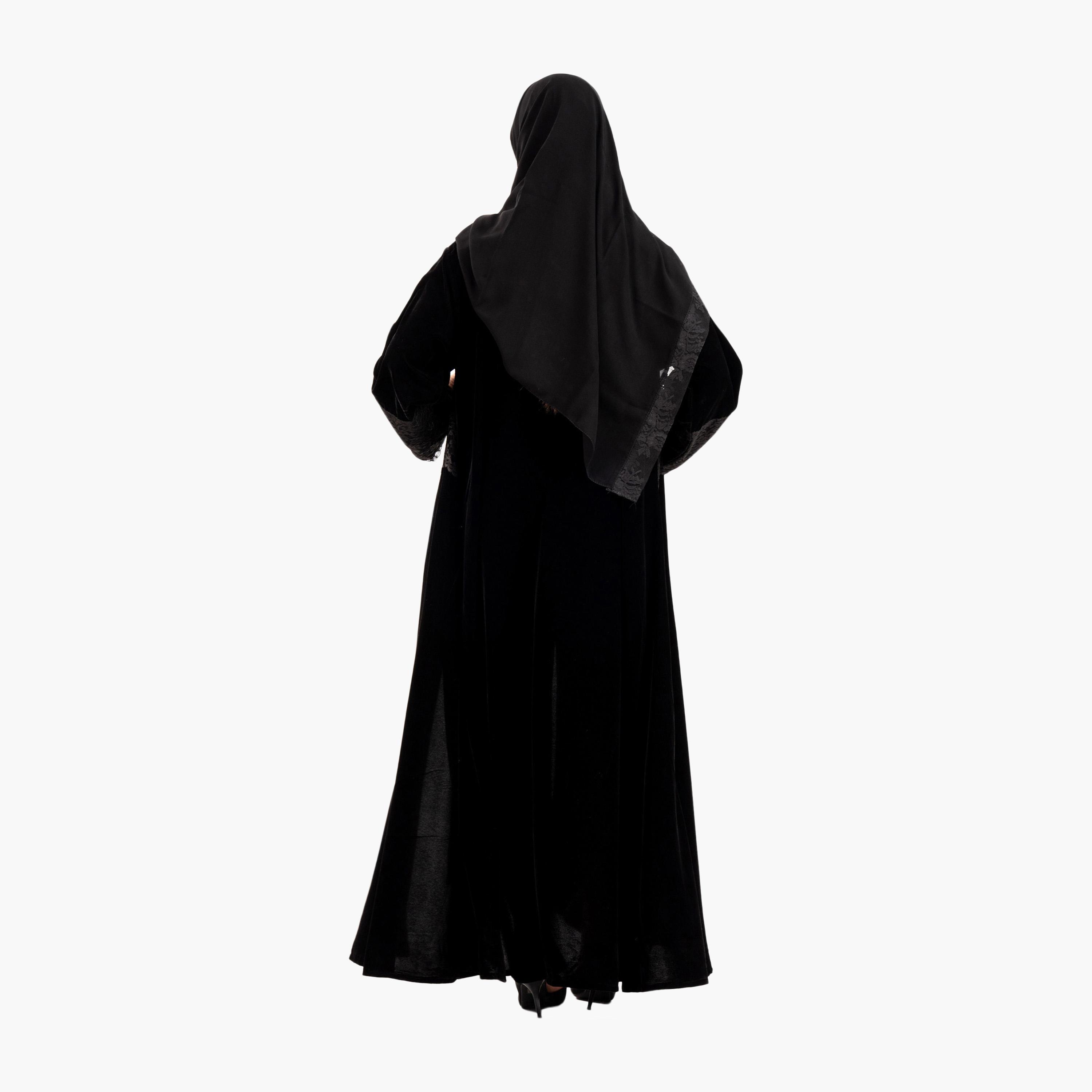 Zahiyh Black Lace Inserted Women's Abaya with Hijab-women-arabicclothing-abayas-image-5