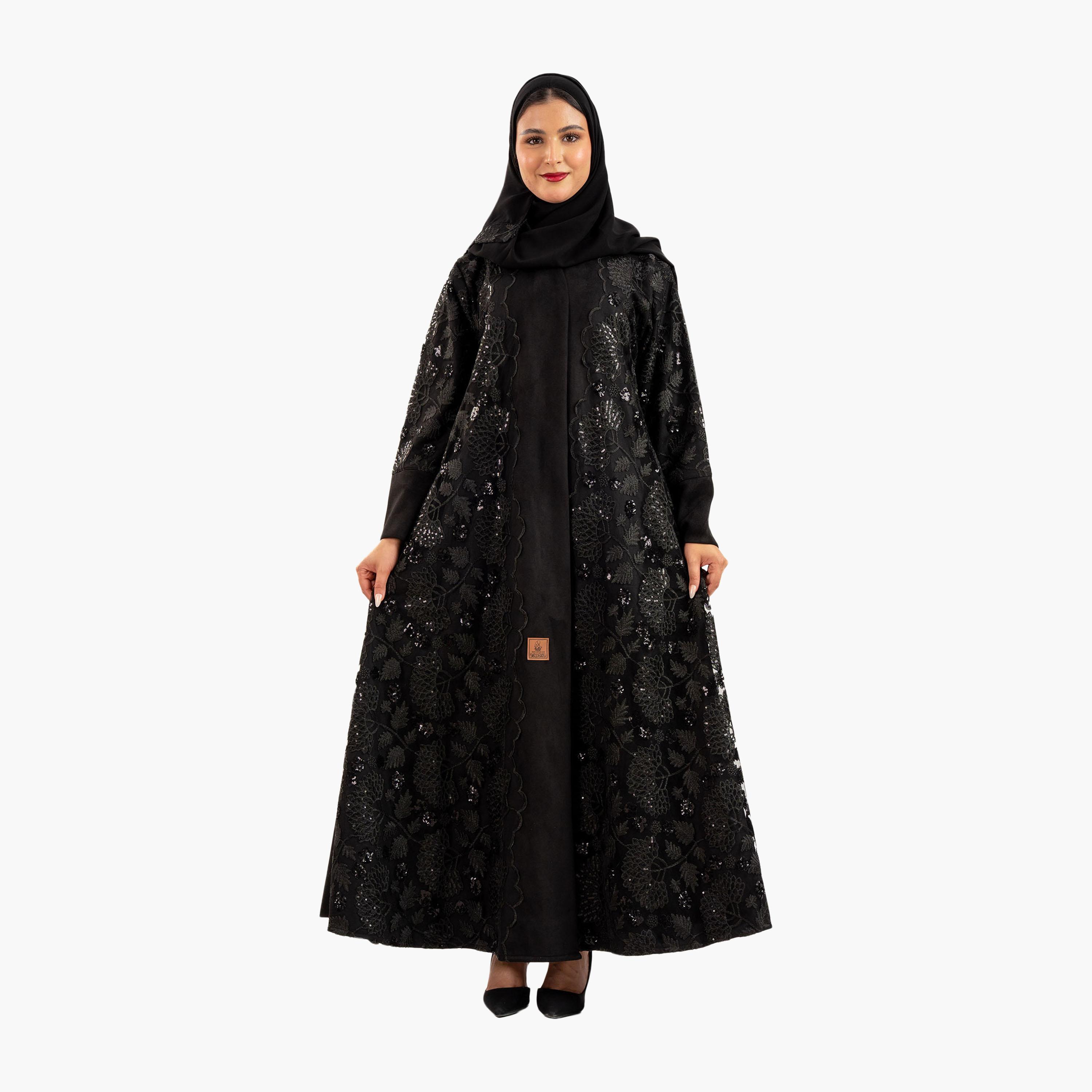 عباية نسائية سوداء مطرزة بالترتر والزهور مع الحجاب من زاهية-women-arabicclothing-abayas-image-1