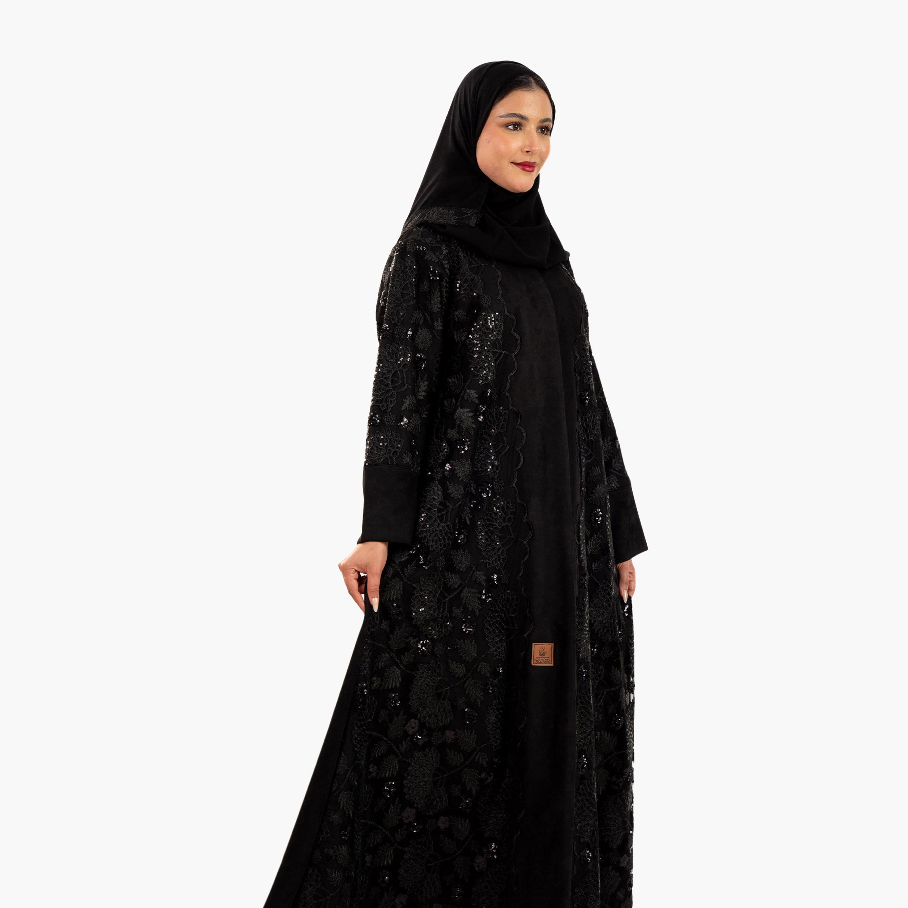 عباية نسائية سوداء مطرزة بالترتر والزهور مع الحجاب من زاهية-women-arabicclothing-abayas-image-2
