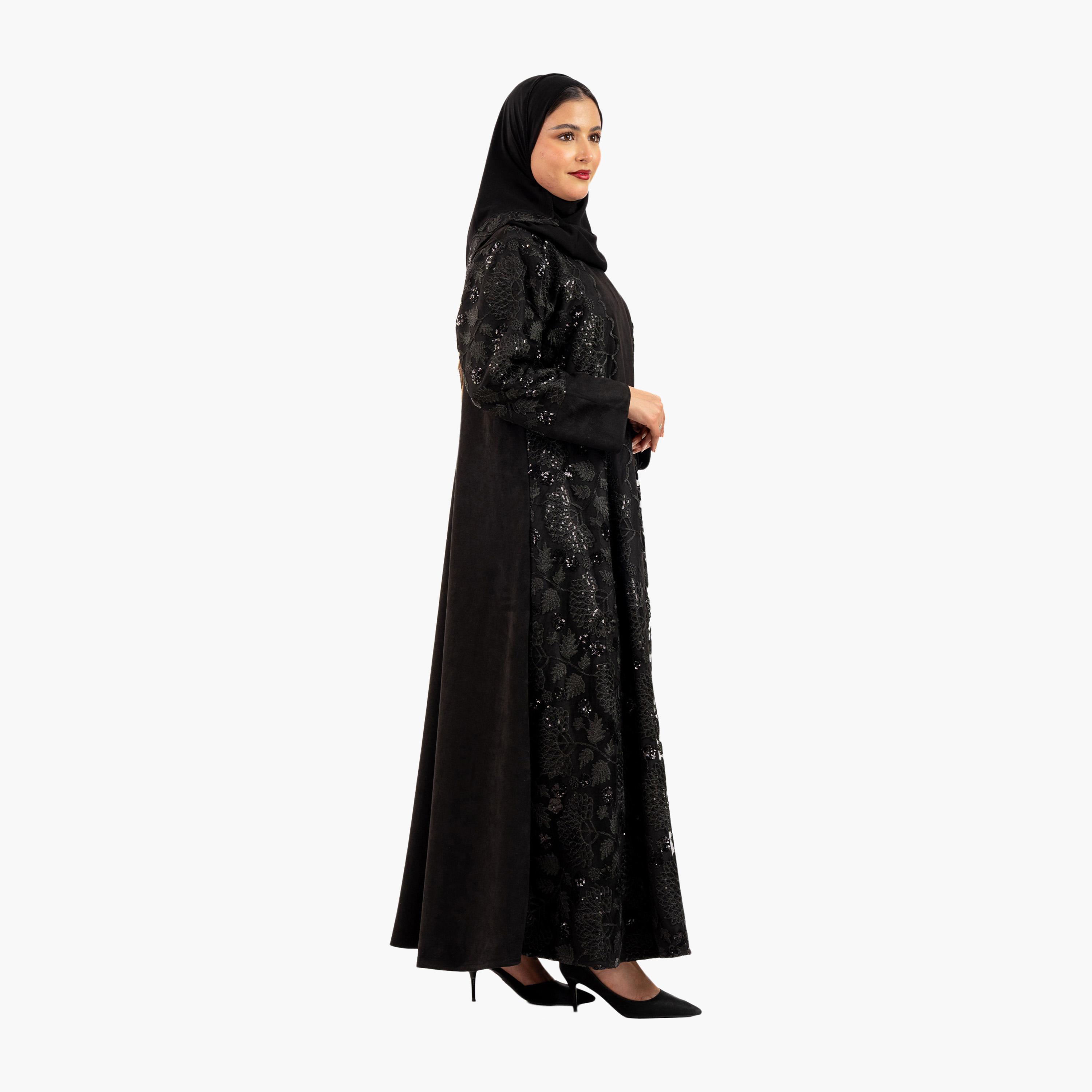 عباية نسائية سوداء مطرزة بالترتر والزهور مع الحجاب من زاهية-women-arabicclothing-abayas-image-3