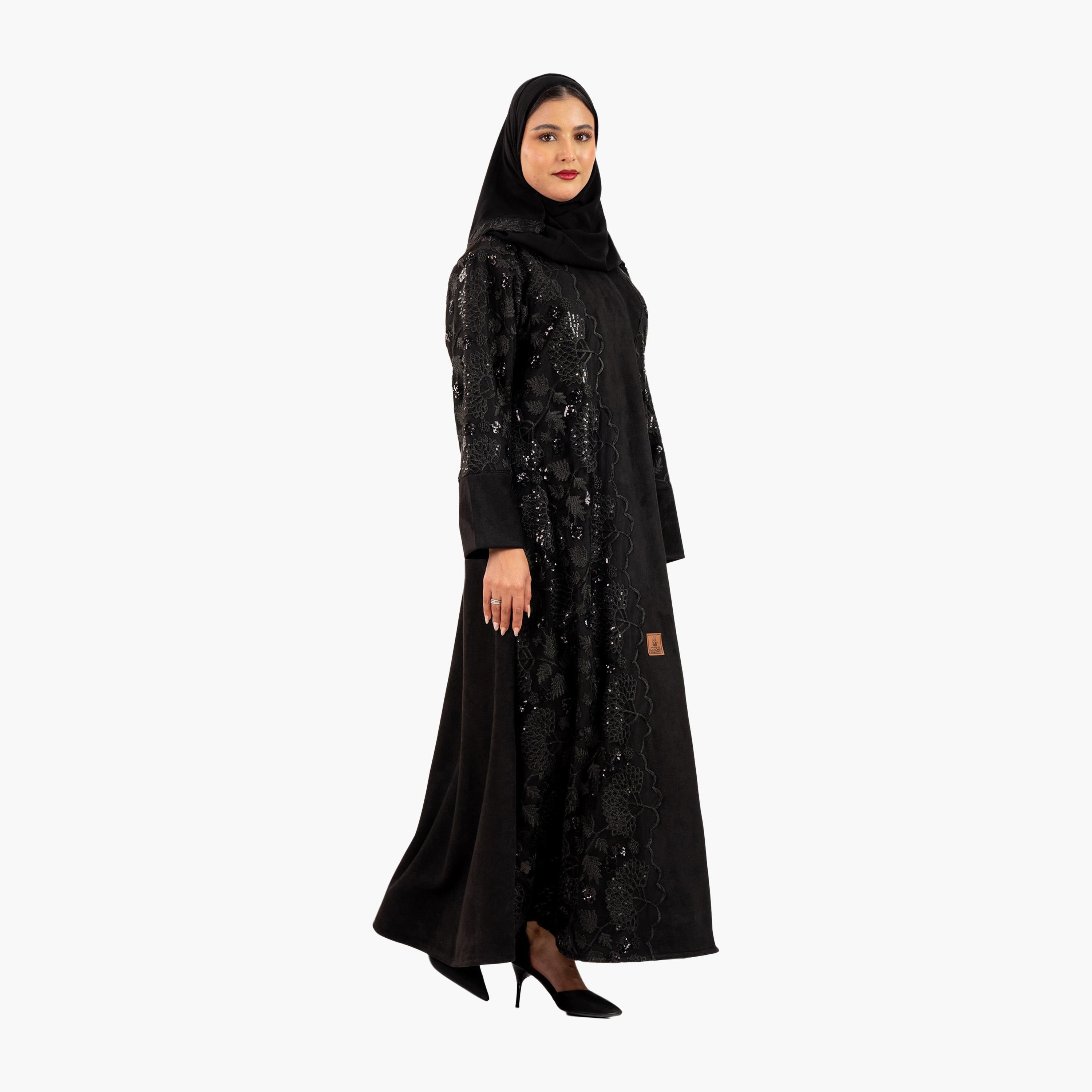 عباية نسائية سوداء مطرزة بالترتر والزهور مع الحجاب من زاهية-women-arabicclothing-abayas-image-4