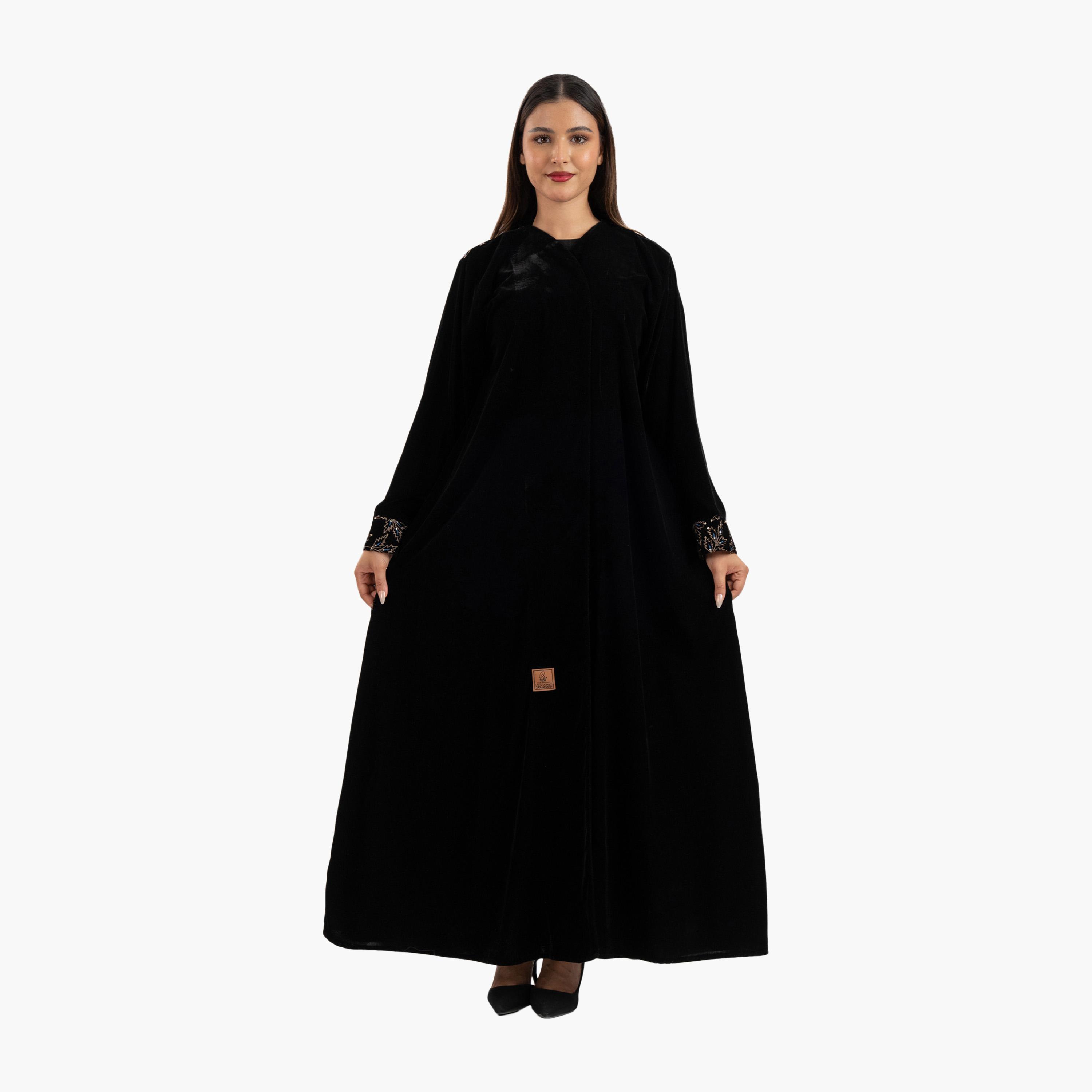 Zahiyh Black Leaf Embroidered Evening Women's Abaya-women-arabicclothing-abayas-image-1