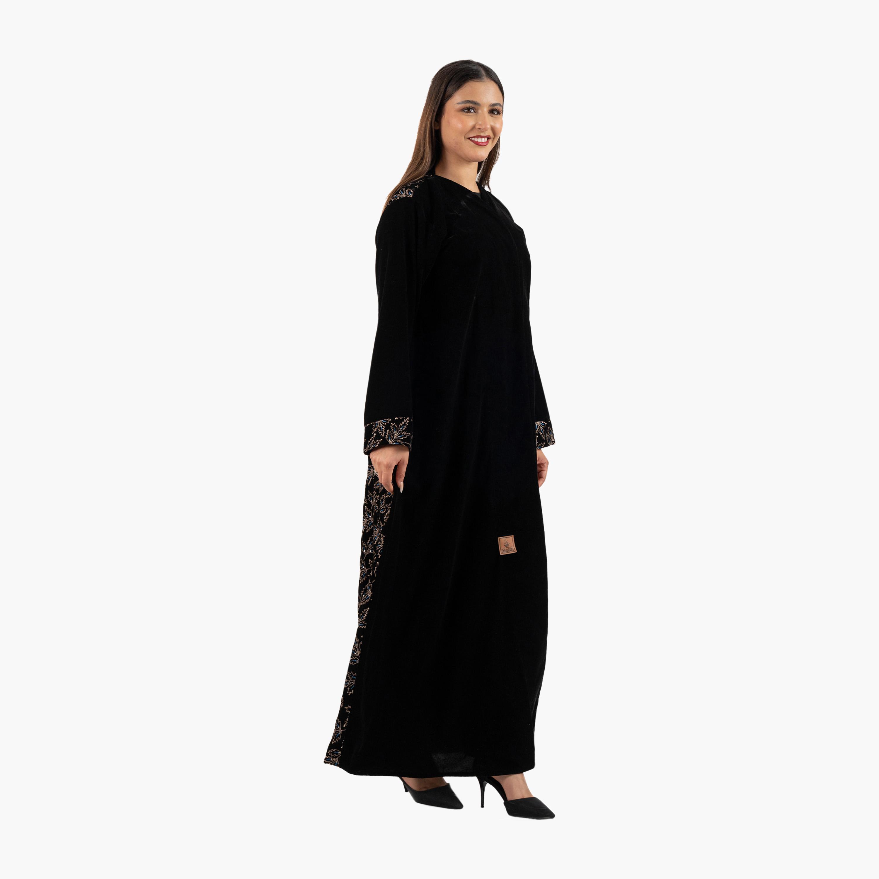 Zahiyh Black Leaf Embroidered Evening Women's Abaya-women-arabicclothing-abayas-image-3