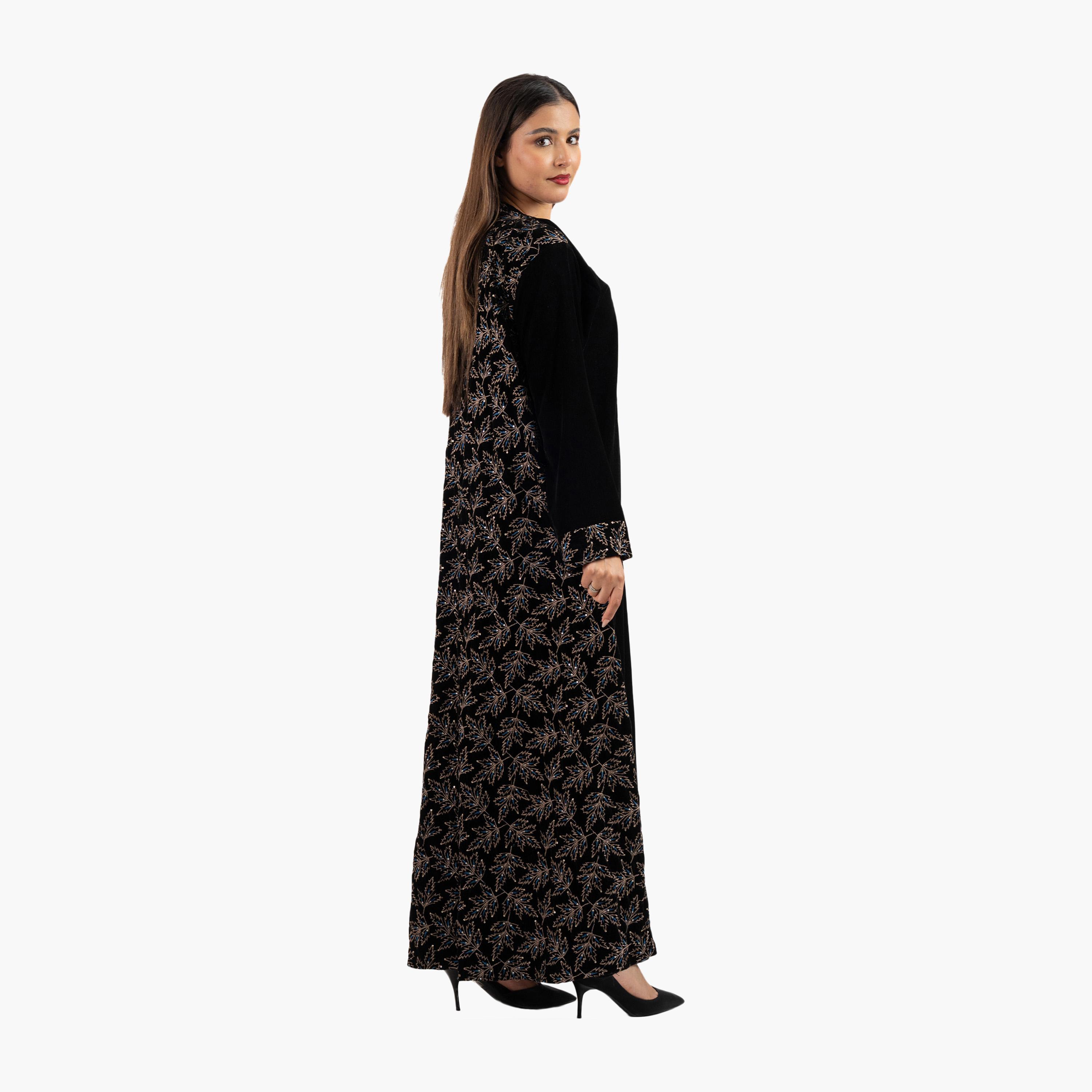 Zahiyh Black Leaf Embroidered Evening Women's Abaya-women-arabicclothing-abayas-image-4