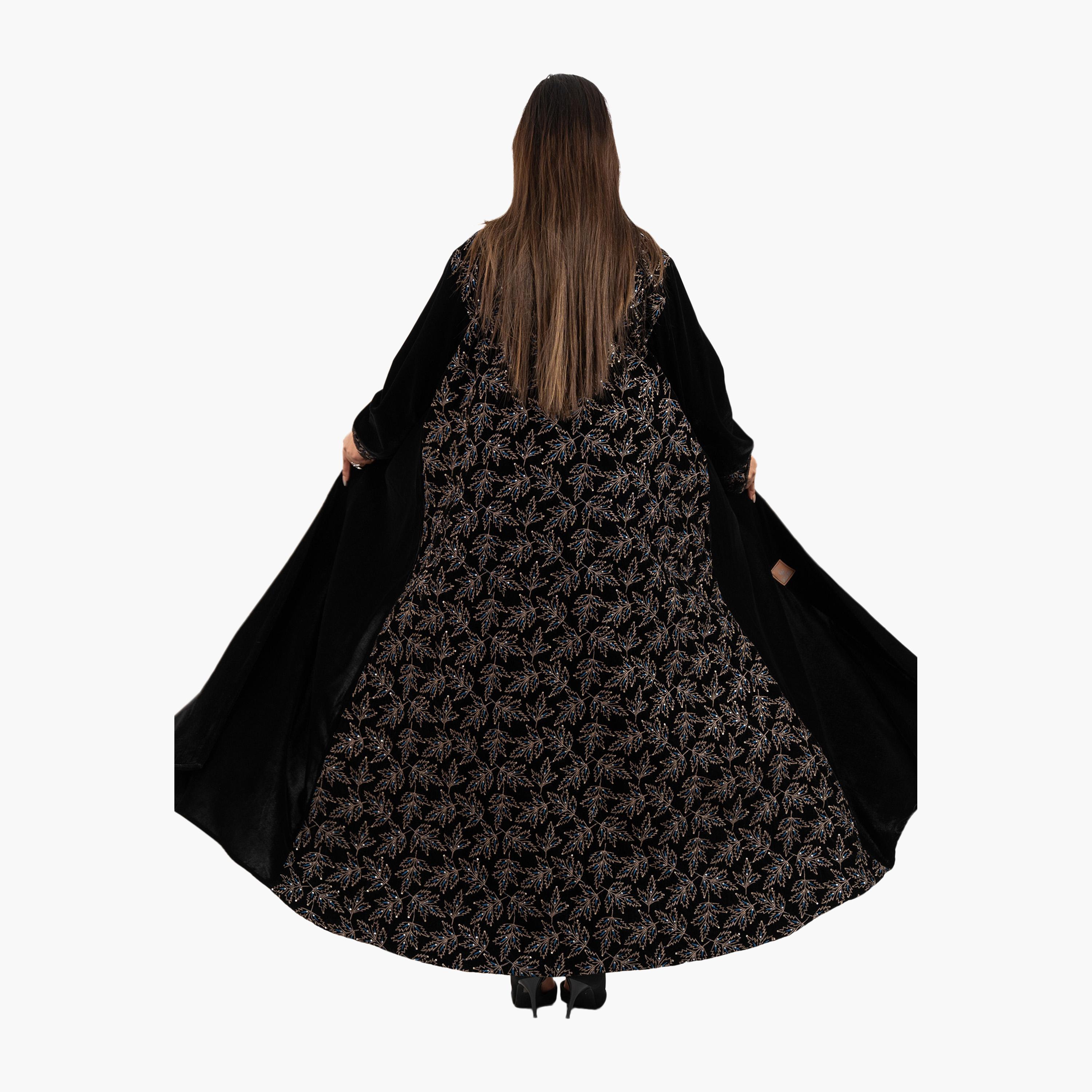 Zahiyh Black Leaf Embroidered Evening Women's Abaya-women-arabicclothing-abayas-image-5