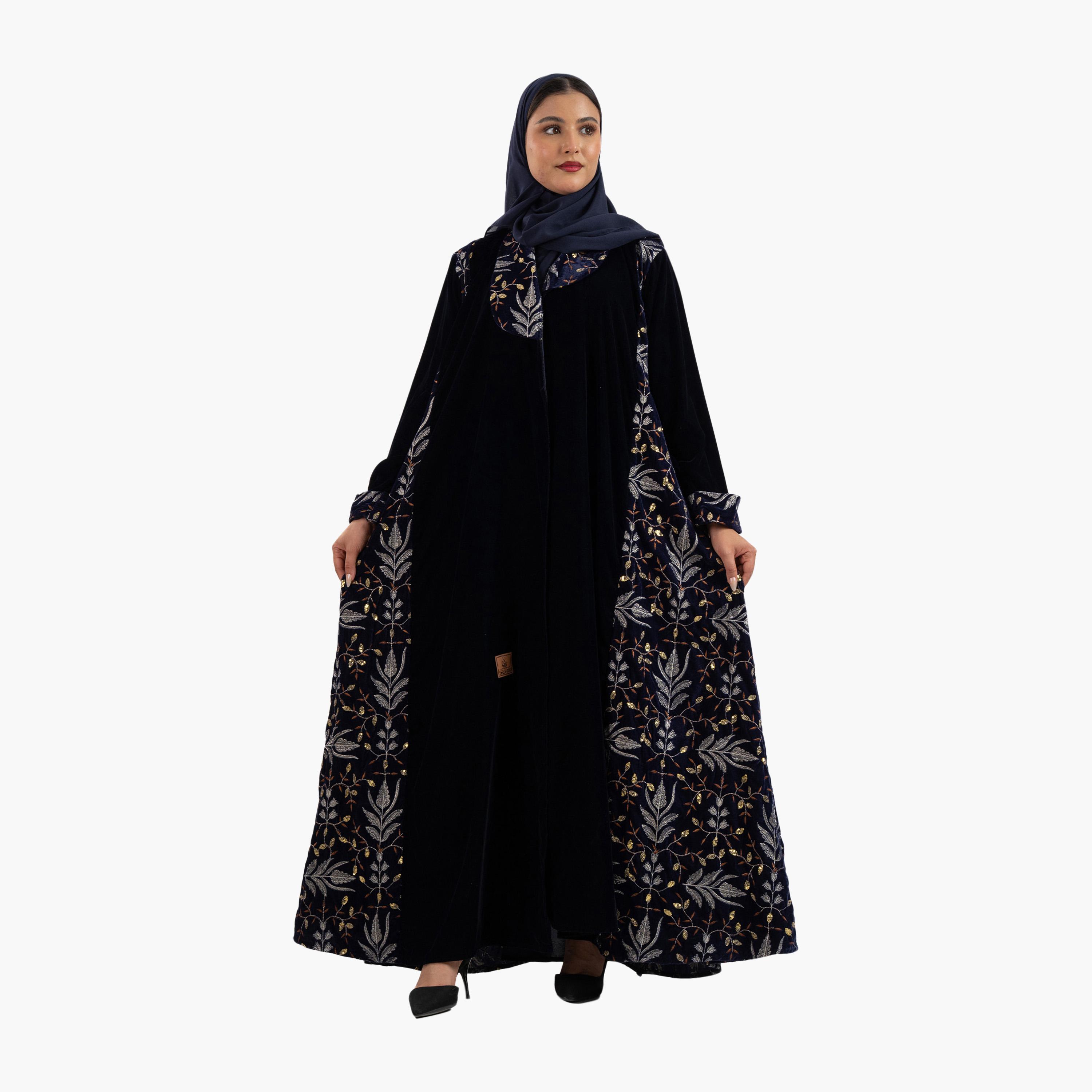 Zahiyh Black Embroidered Panel Evening Women's Abaya with Hijab-women-arabicclothing-abayas-image-1