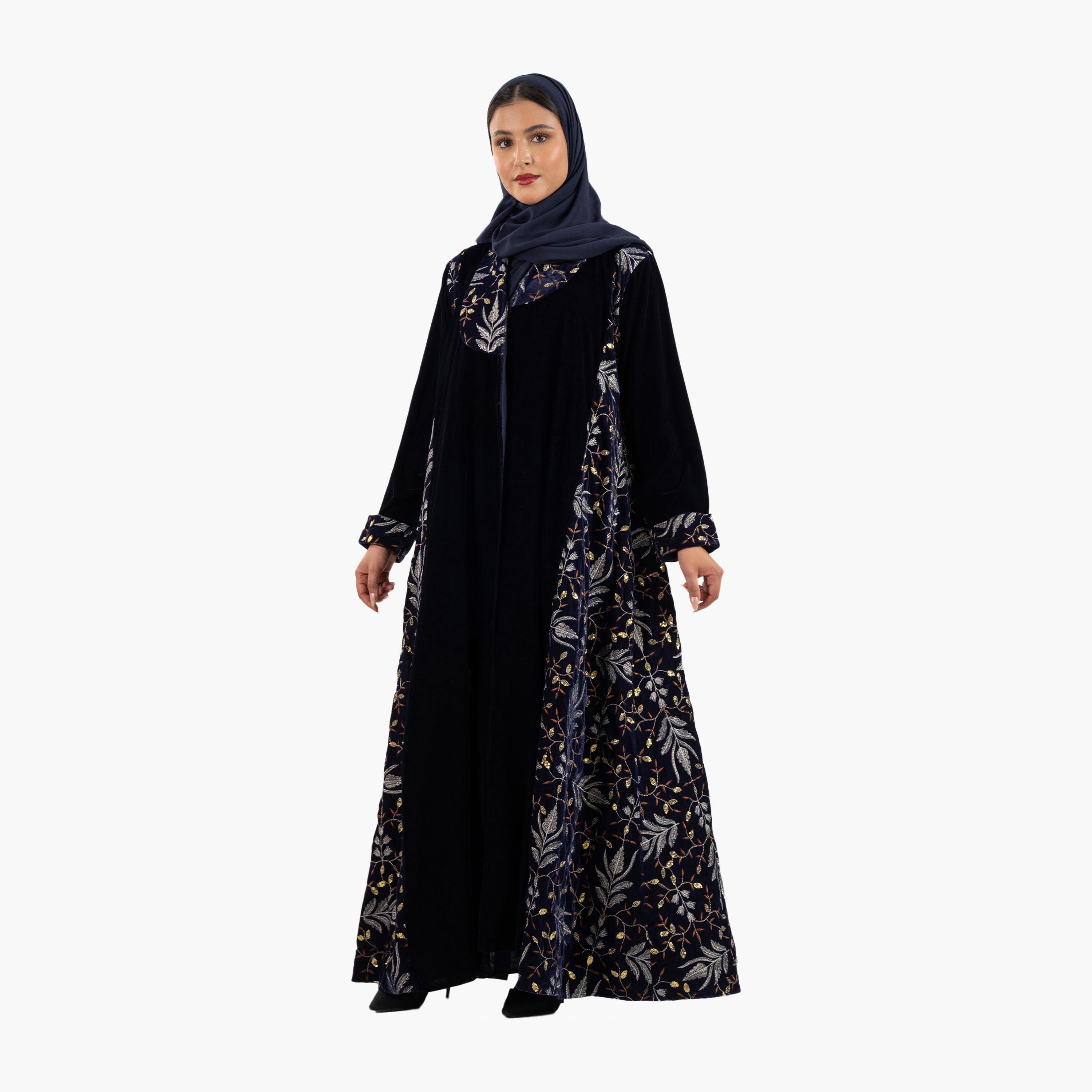 Zahiyh Black Embroidered Panel Evening Women's Abaya with Hijab-women-arabicclothing-abayas-image-2
