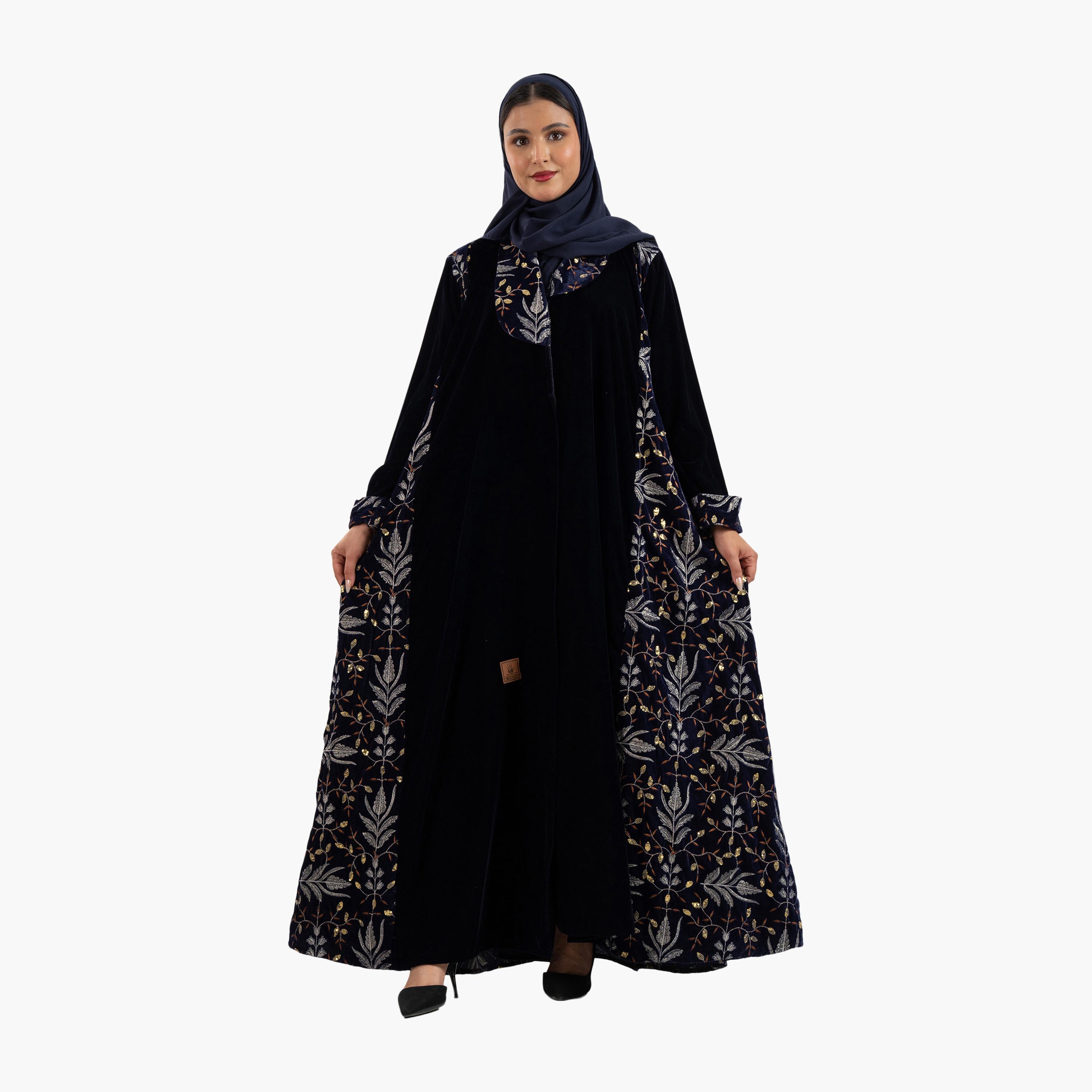Zahiyh Black Embroidered Panel Evening Women's Abaya with Hijab-women-arabicclothing-abayas-image-3