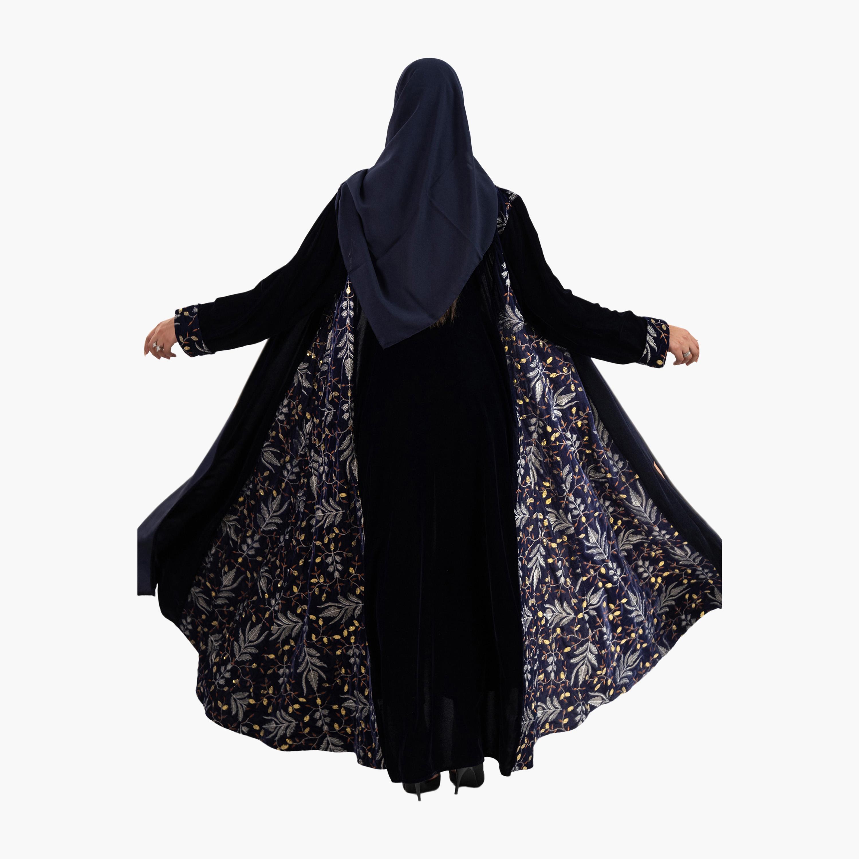 Zahiyh Black Embroidered Panel Evening Women's Abaya with Hijab-women-arabicclothing-abayas-image-5