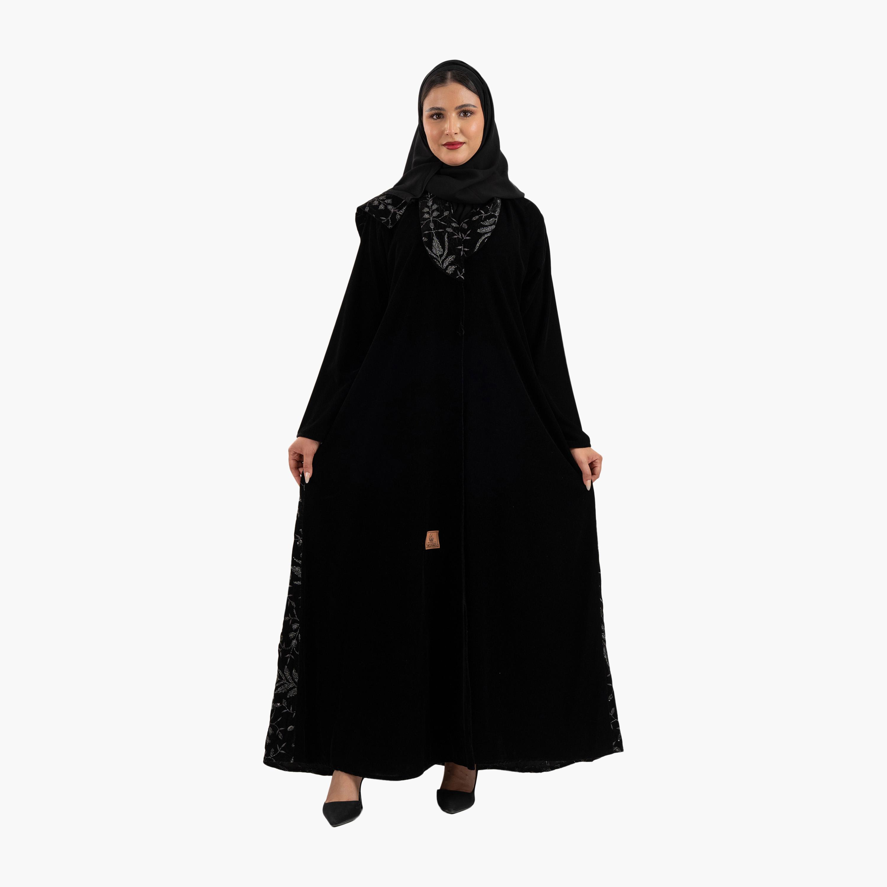 Zahiyh Black Embroidered Panel Flared Style Evening Women's Abaya with Hijab-women-arabicclothing-abayas-image-1