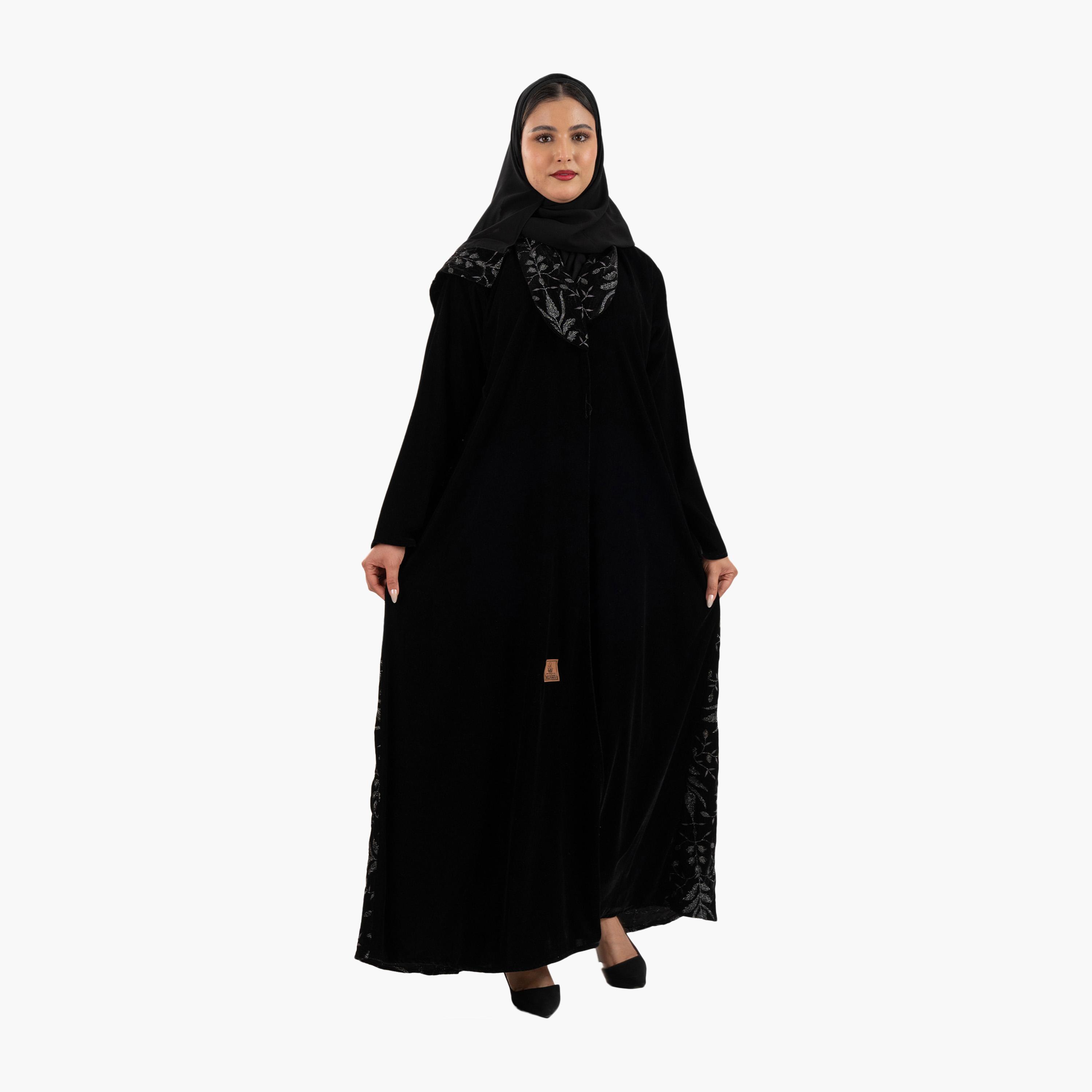 Zahiyh Black Embroidered Panel Flared Style Evening Women's Abaya with Hijab-women-arabicclothing-abayas-image-2
