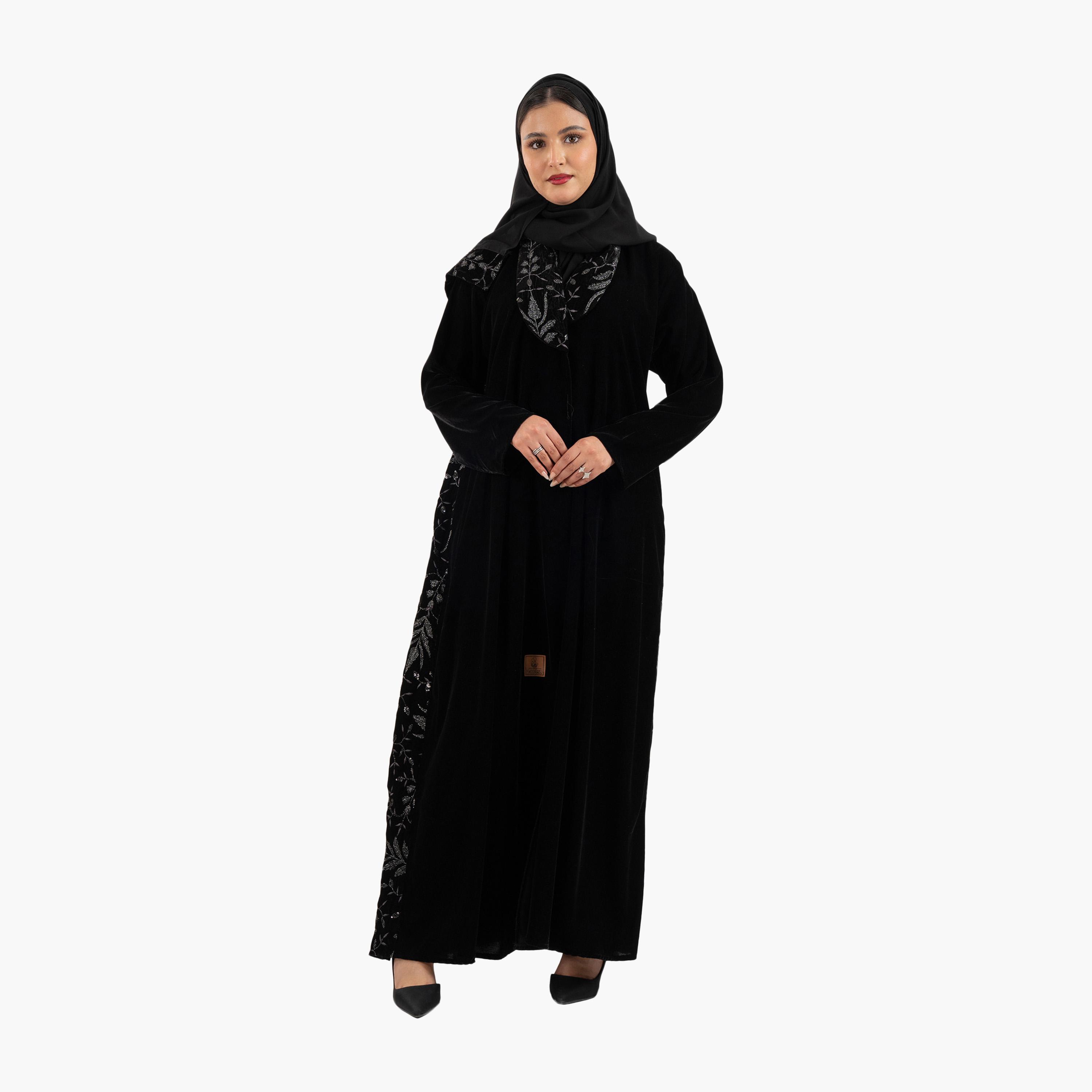 Zahiyh Black Embroidered Panel Flared Style Evening Women's Abaya with Hijab-women-arabicclothing-abayas-image-3