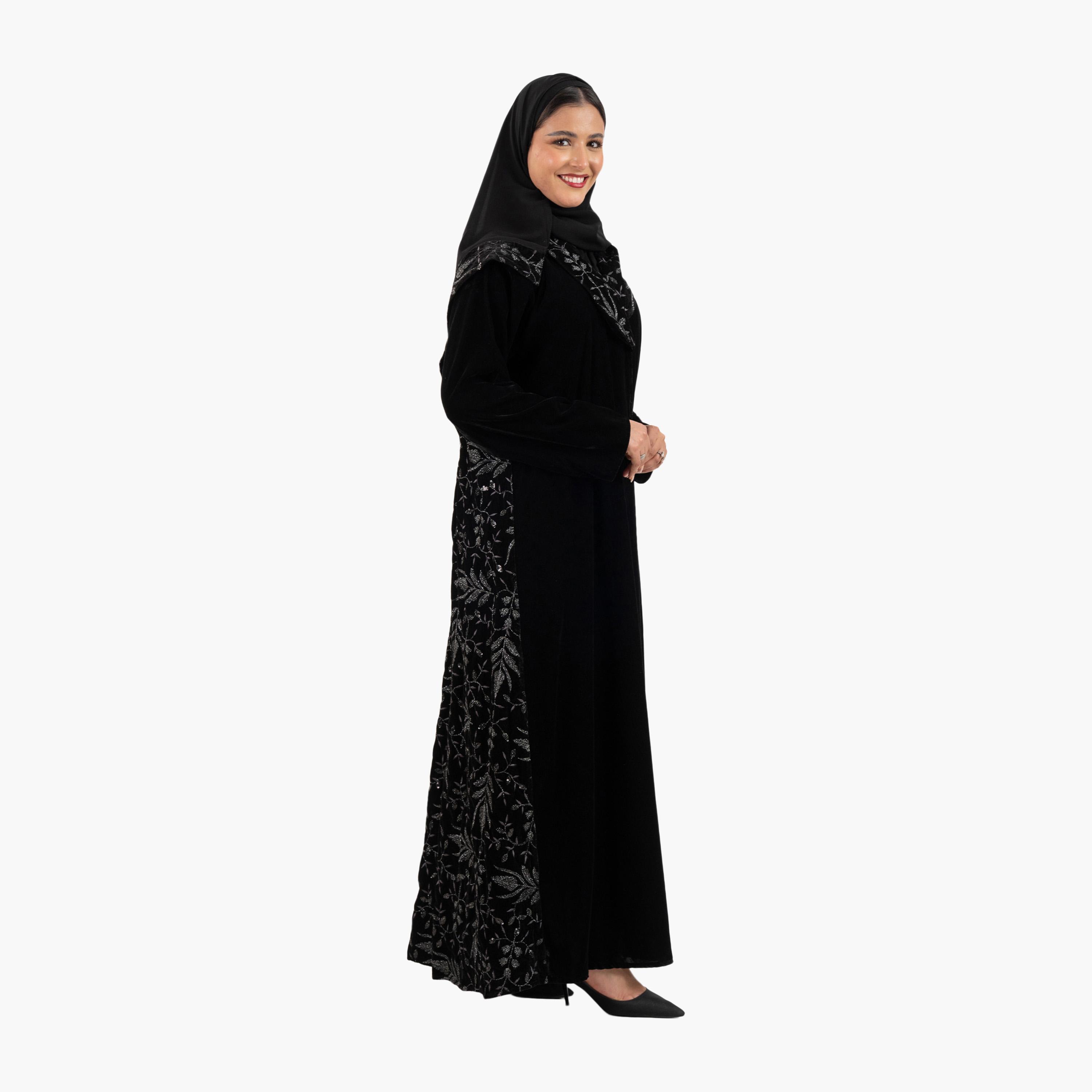 Zahiyh Black Embroidered Panel Flared Style Evening Women's Abaya with Hijab-women-arabicclothing-abayas-image-4