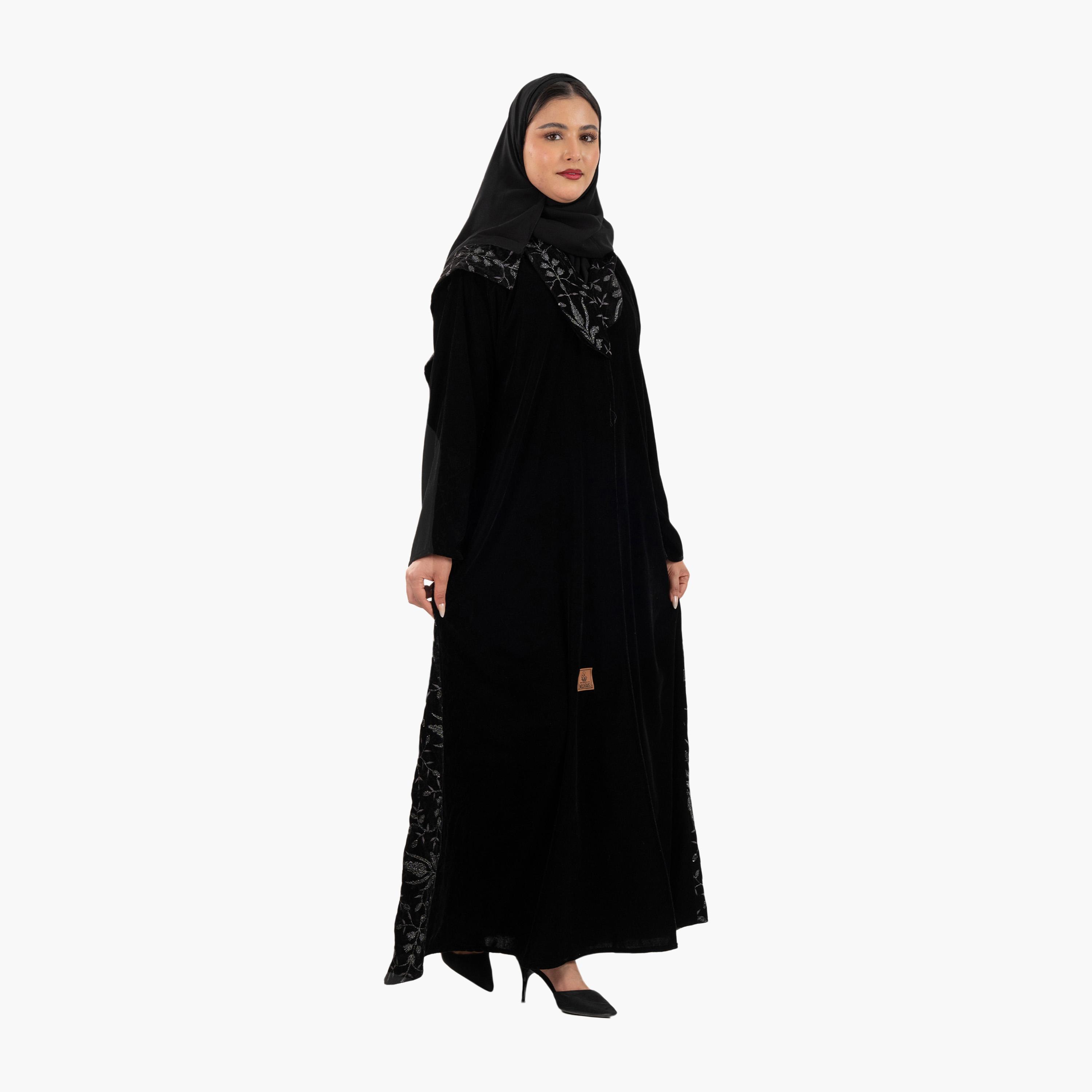 Zahiyh Black Embroidered Panel Flared Style Evening Women's Abaya with Hijab-women-arabicclothing-abayas-image-5