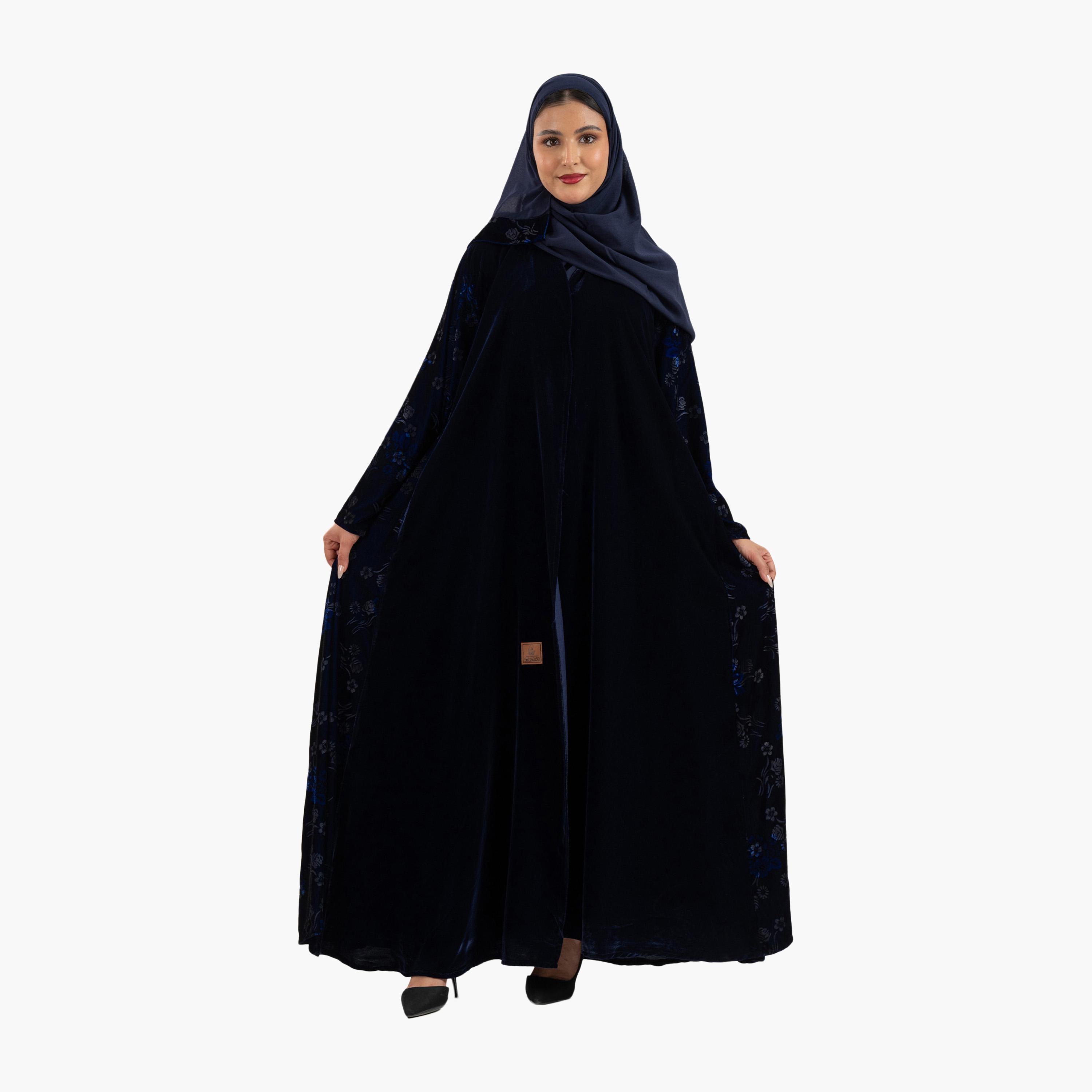 Zahiyh Navy Blue Floral Flared Style Women's Abaya with Hijab-women-arabicclothing-abayas-image-1