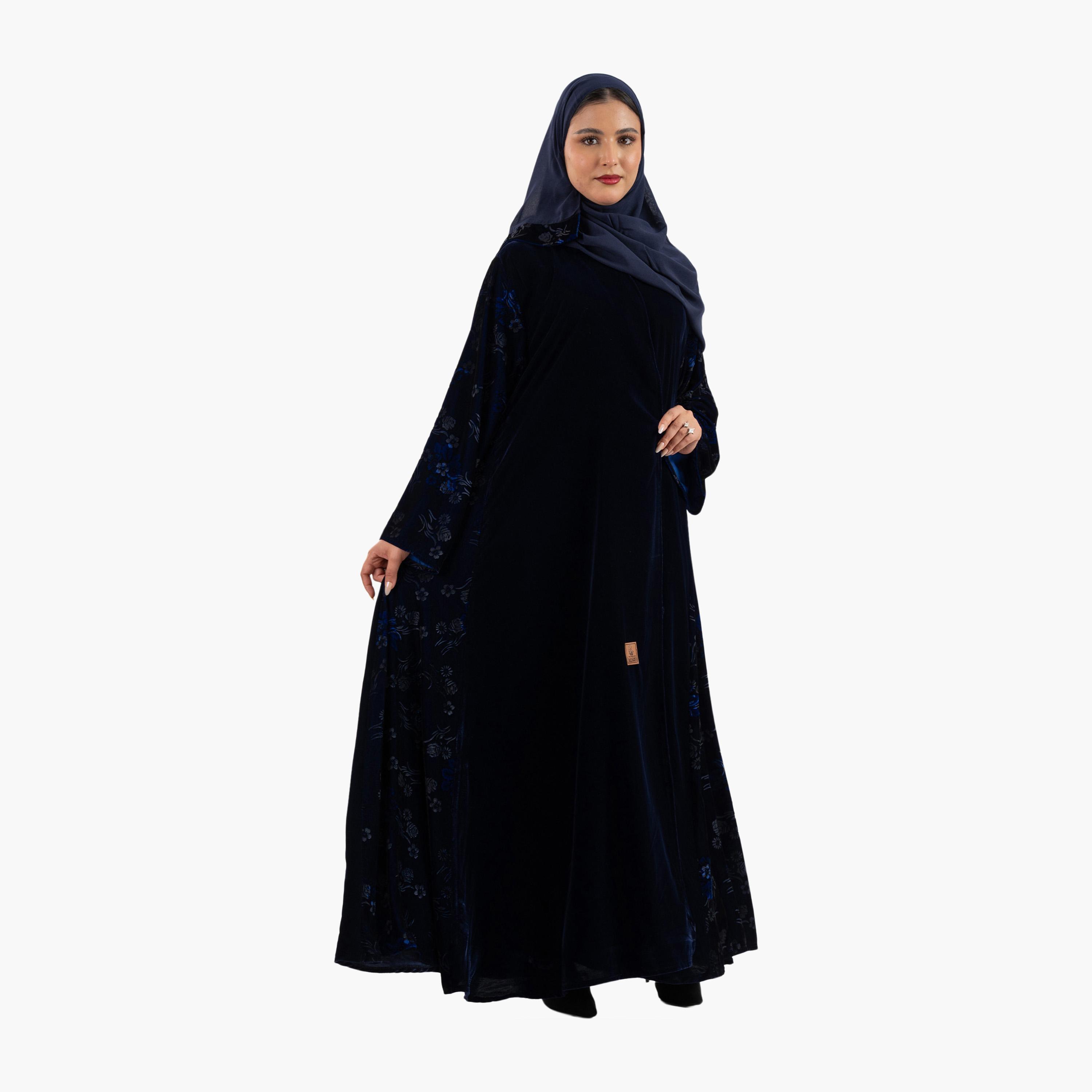Zahiyh Navy Blue Floral Flared Style Women's Abaya with Hijab-women-arabicclothing-abayas-image-2