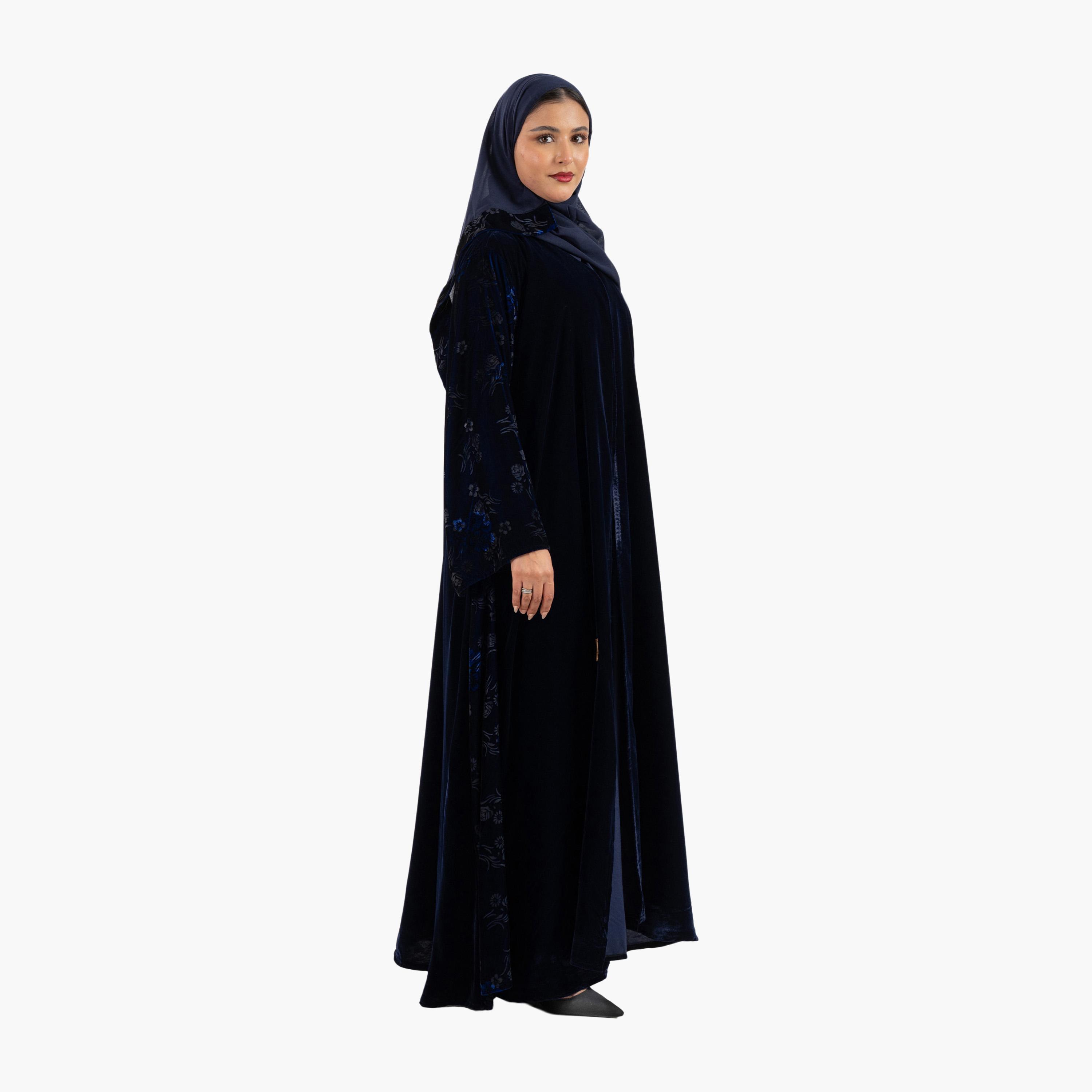 Zahiyh Navy Blue Floral Flared Style Women's Abaya with Hijab-women-arabicclothing-abayas-image-3