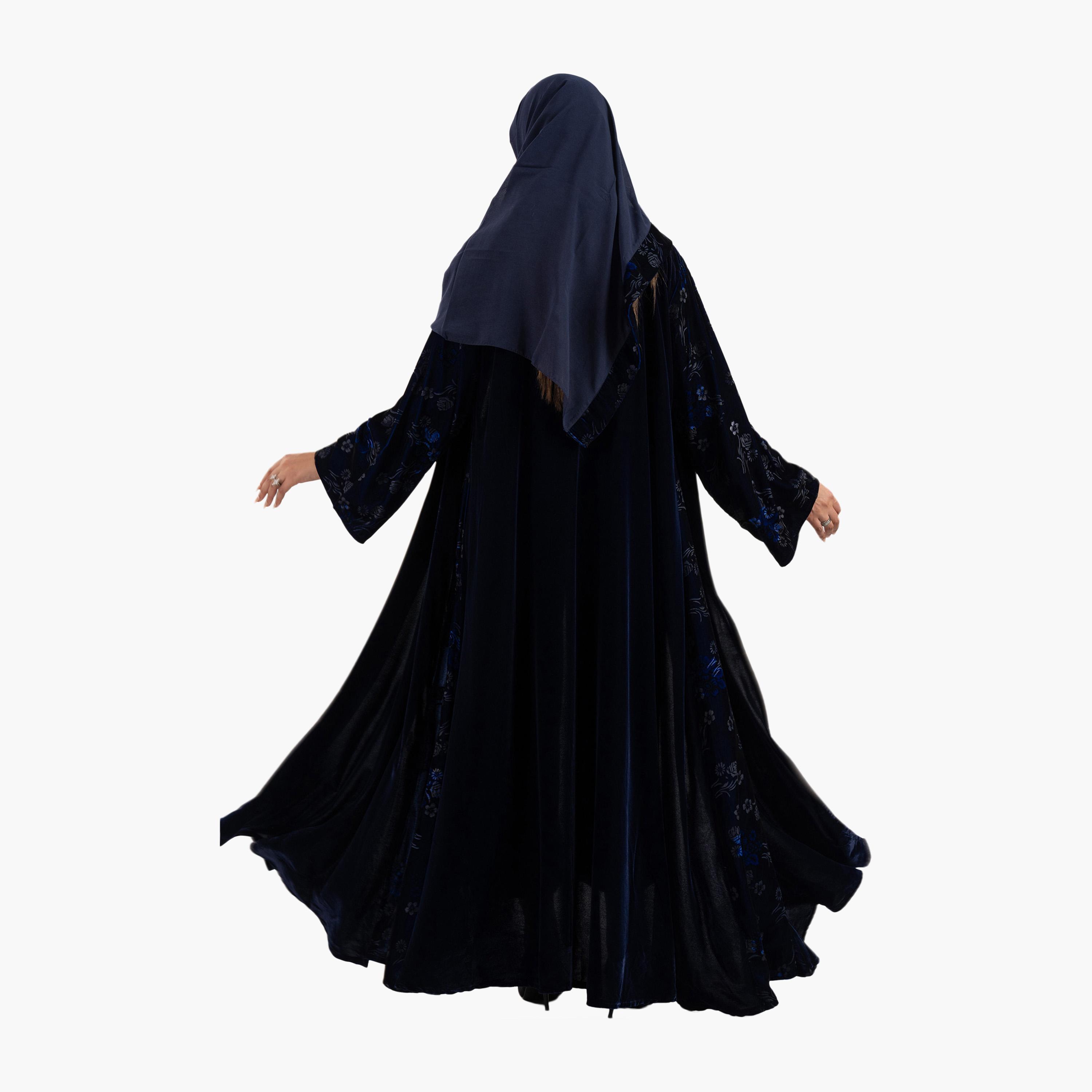 Zahiyh Navy Blue Floral Flared Style Women's Abaya with Hijab-women-arabicclothing-abayas-image-4