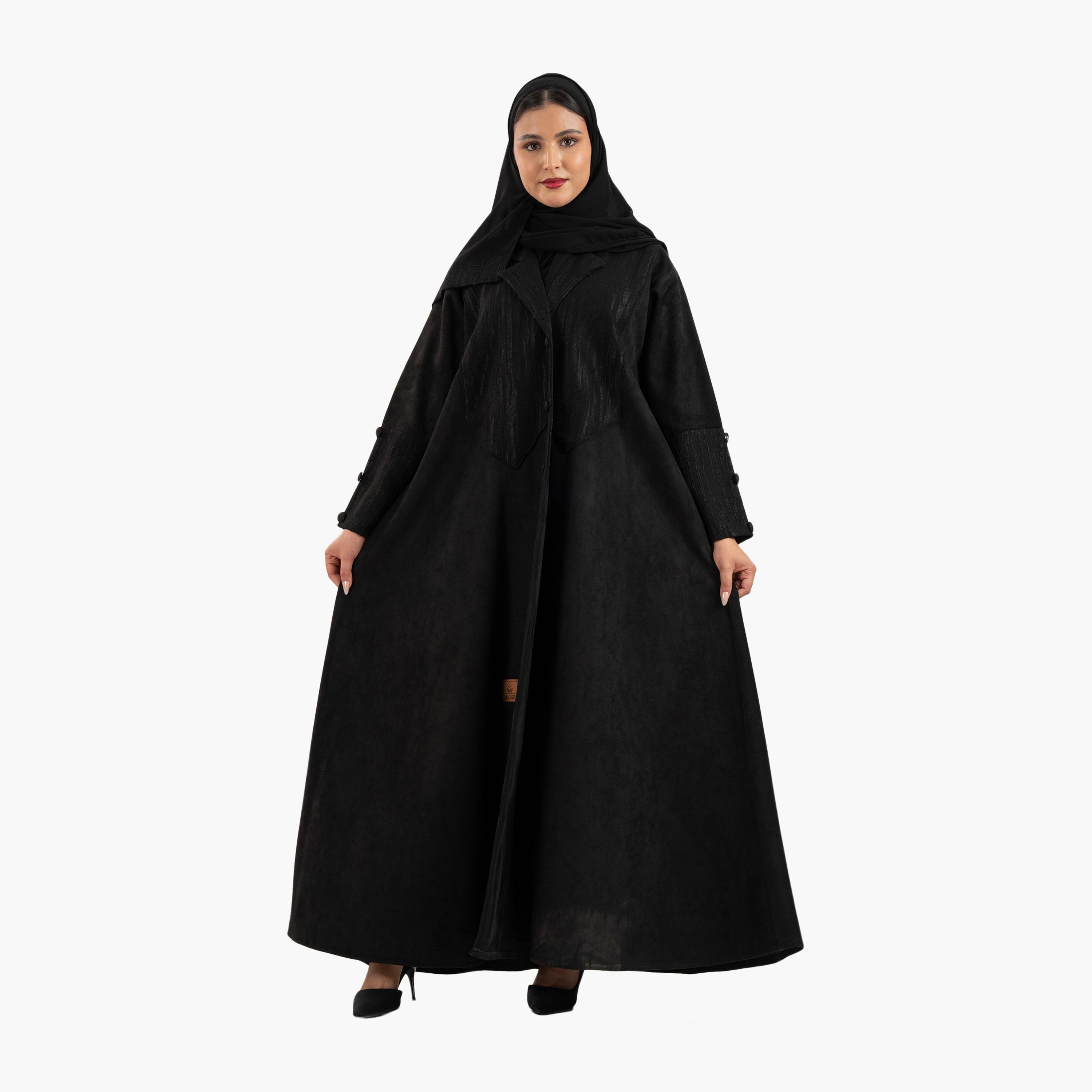 Zahiyh Black Jacquard Panel Lapel Collar Blazer Style Women's Abaya with Hijab-women-arabicclothing-abayas-image-1