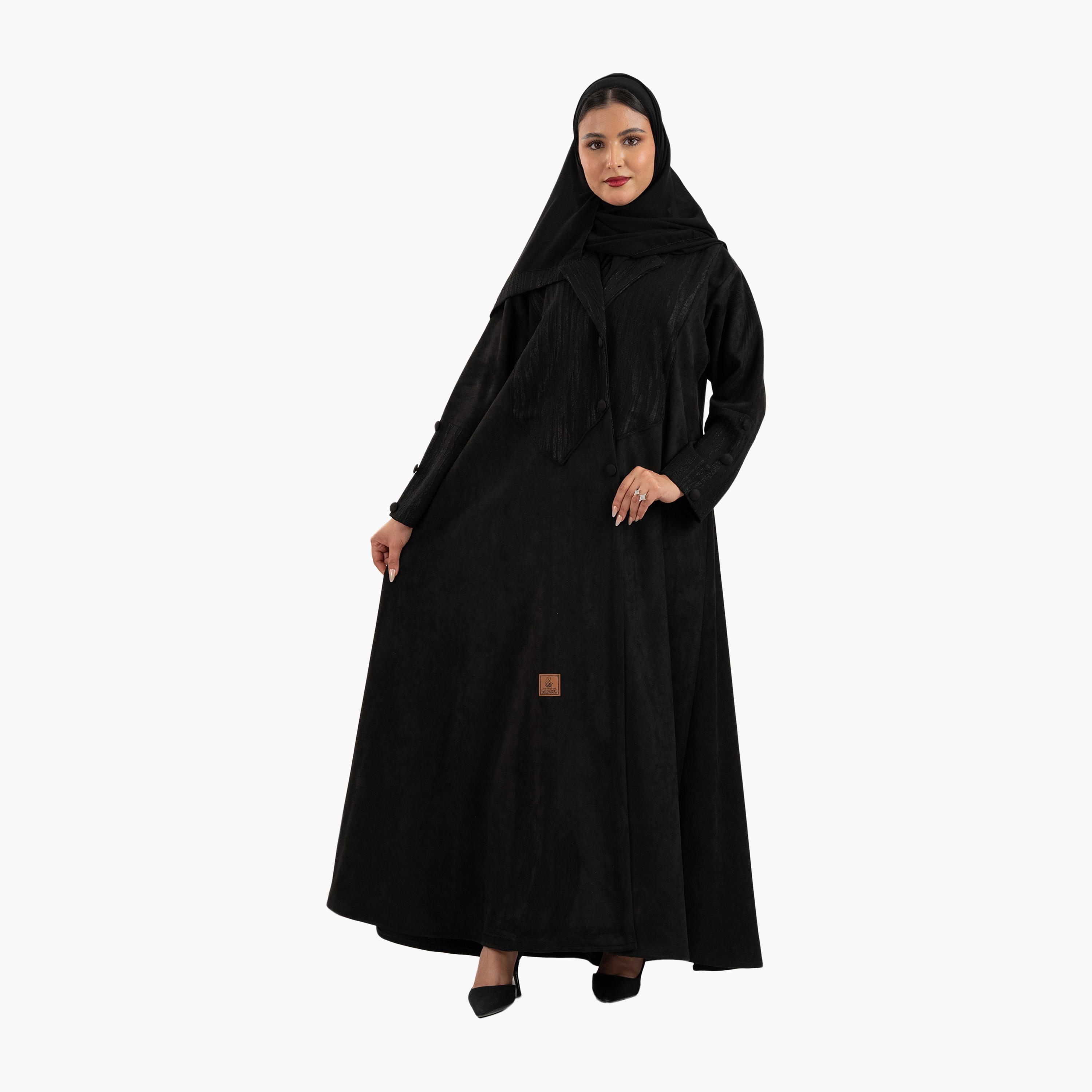 Zahiyh Black Jacquard Panel Lapel Collar Blazer Style Women's Abaya with Hijab-women-arabicclothing-abayas-image-2
