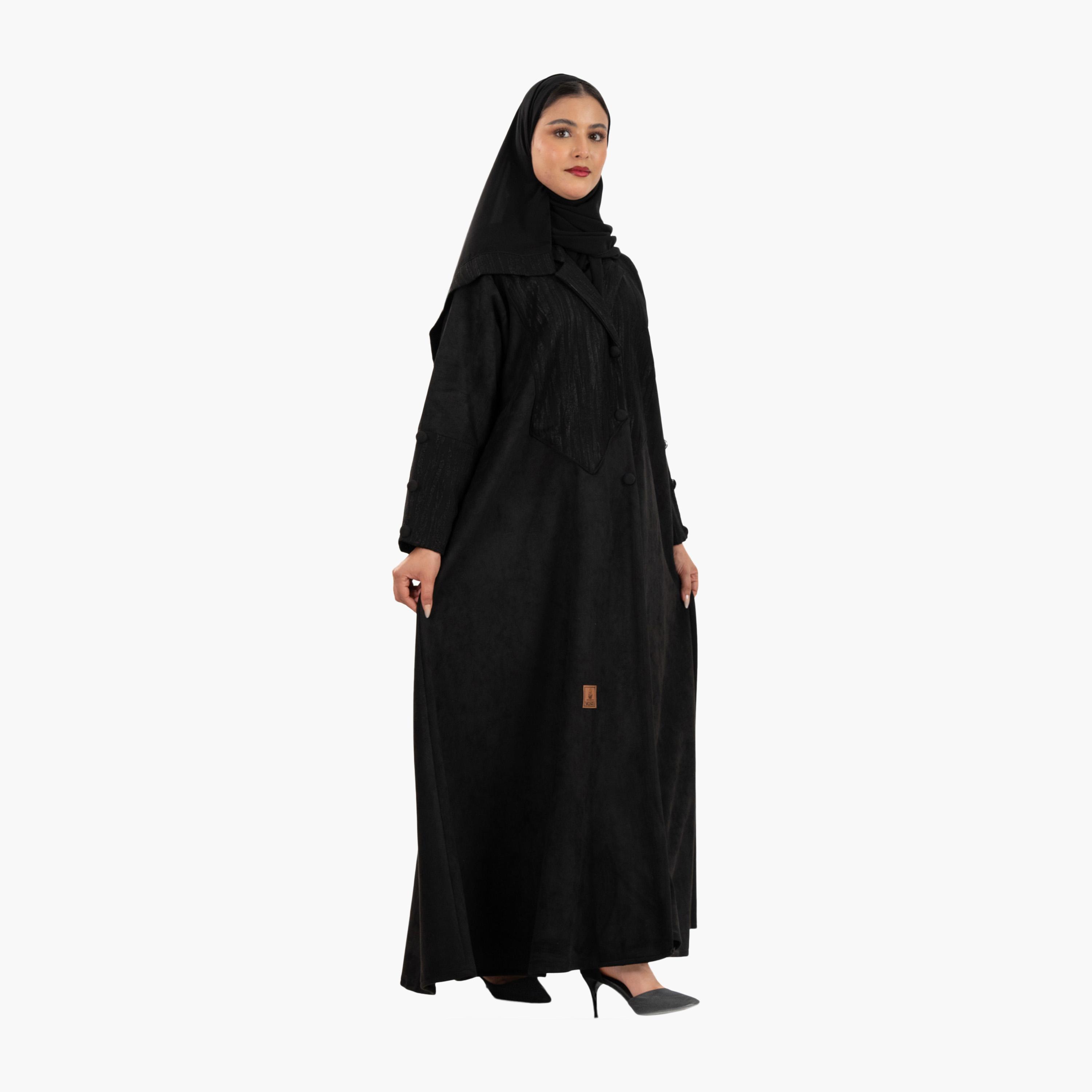 Zahiyh Black Jacquard Panel Lapel Collar Blazer Style Women's Abaya with Hijab-women-arabicclothing-abayas-image-3