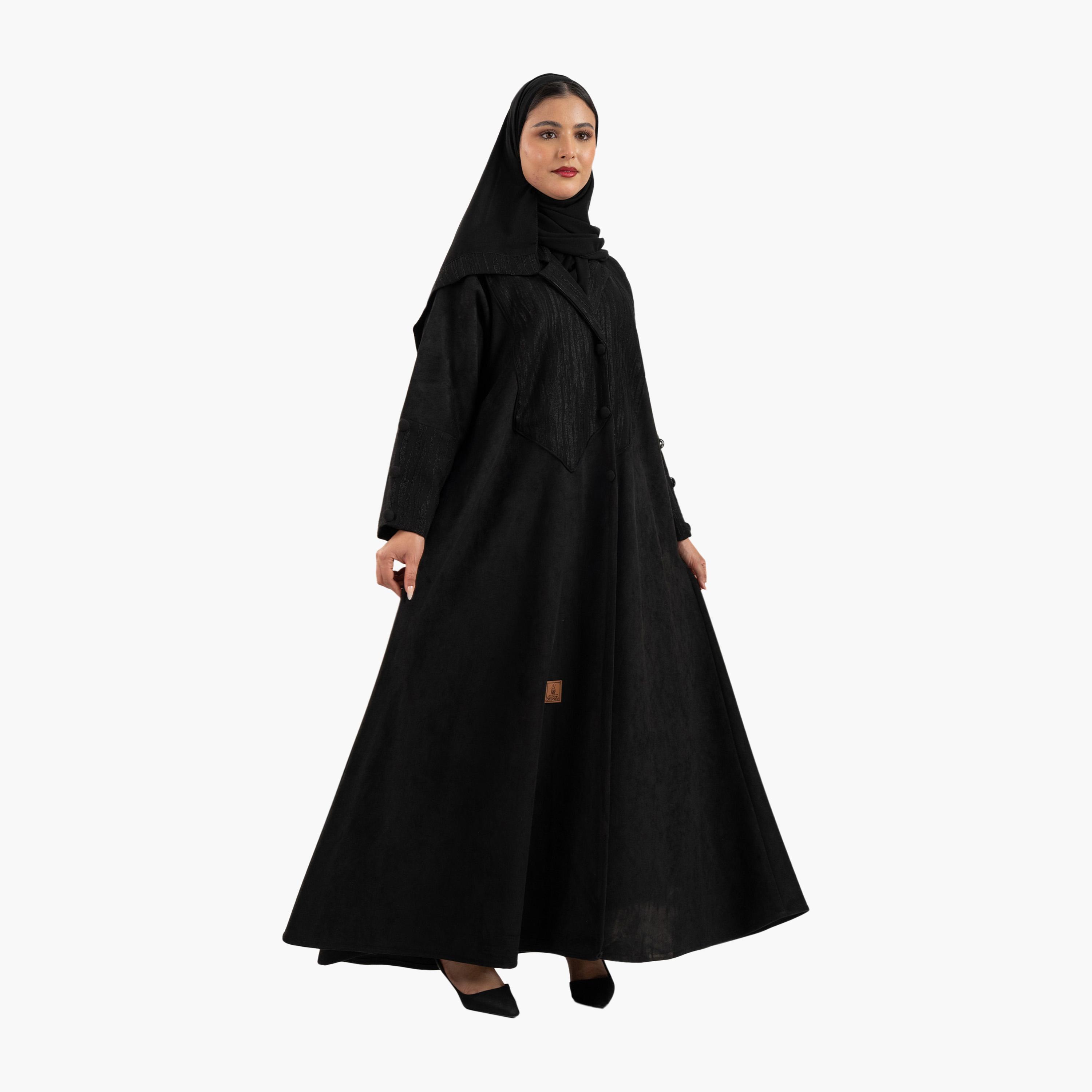 Zahiyh Black Jacquard Panel Lapel Collar Blazer Style Women's Abaya with Hijab-women-arabicclothing-abayas-image-4