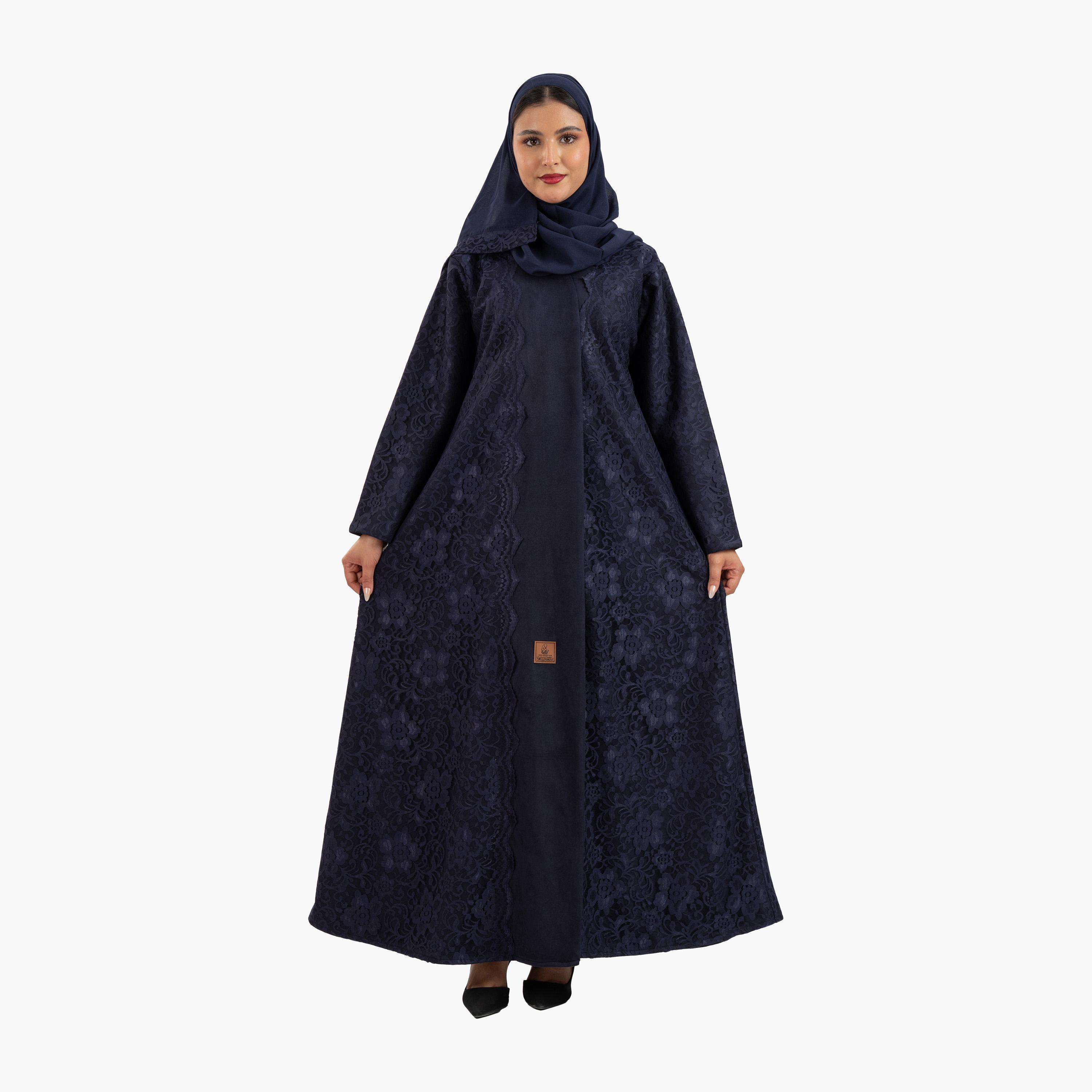 عباية نسائية زرقاء داكنة مزينة بالدانتيل مع حجاب من زاهية-women-arabicclothing-abayas-image-1