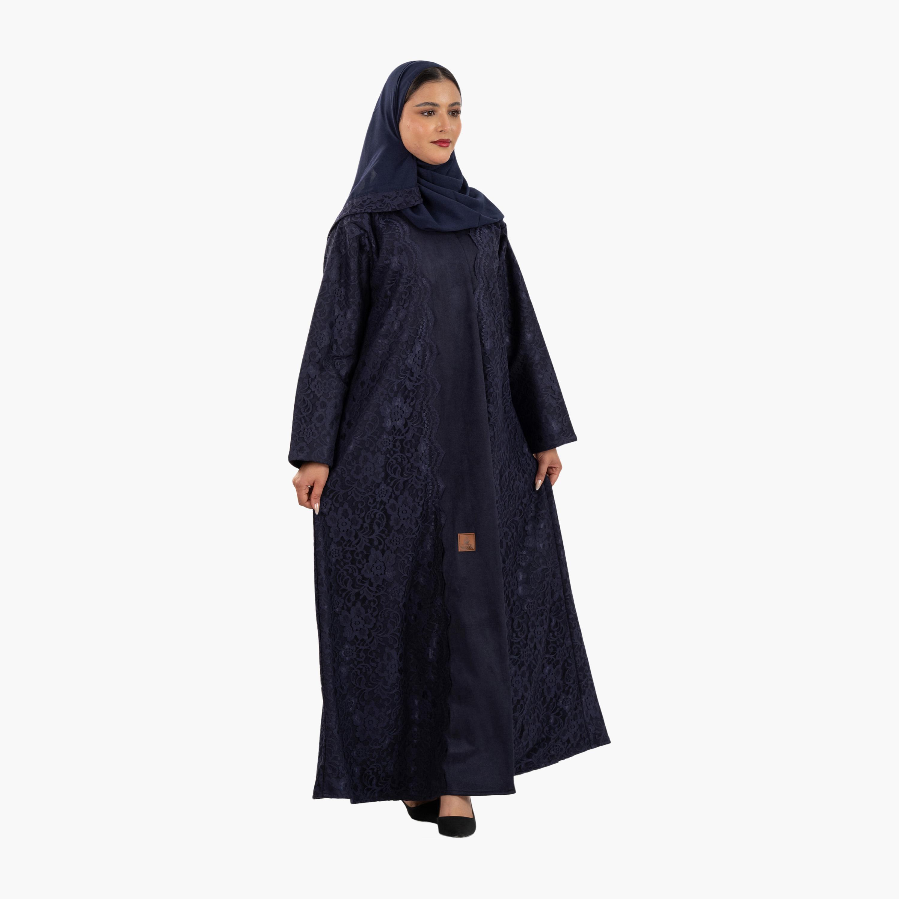 عباية نسائية زرقاء داكنة مزينة بالدانتيل مع حجاب من زاهية-women-arabicclothing-abayas-image-2