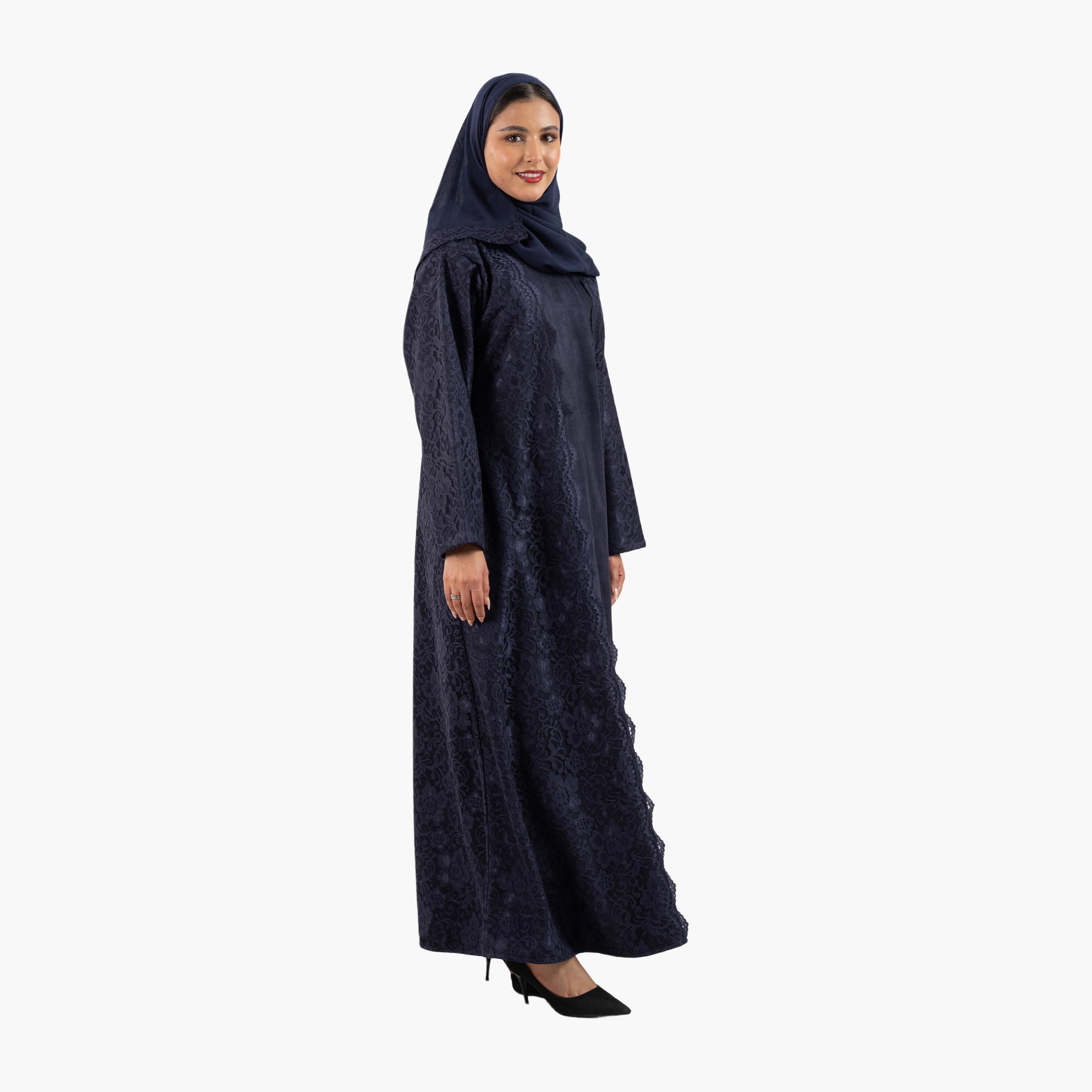 عباية نسائية زرقاء داكنة مزينة بالدانتيل مع حجاب من زاهية-women-arabicclothing-abayas-image-3