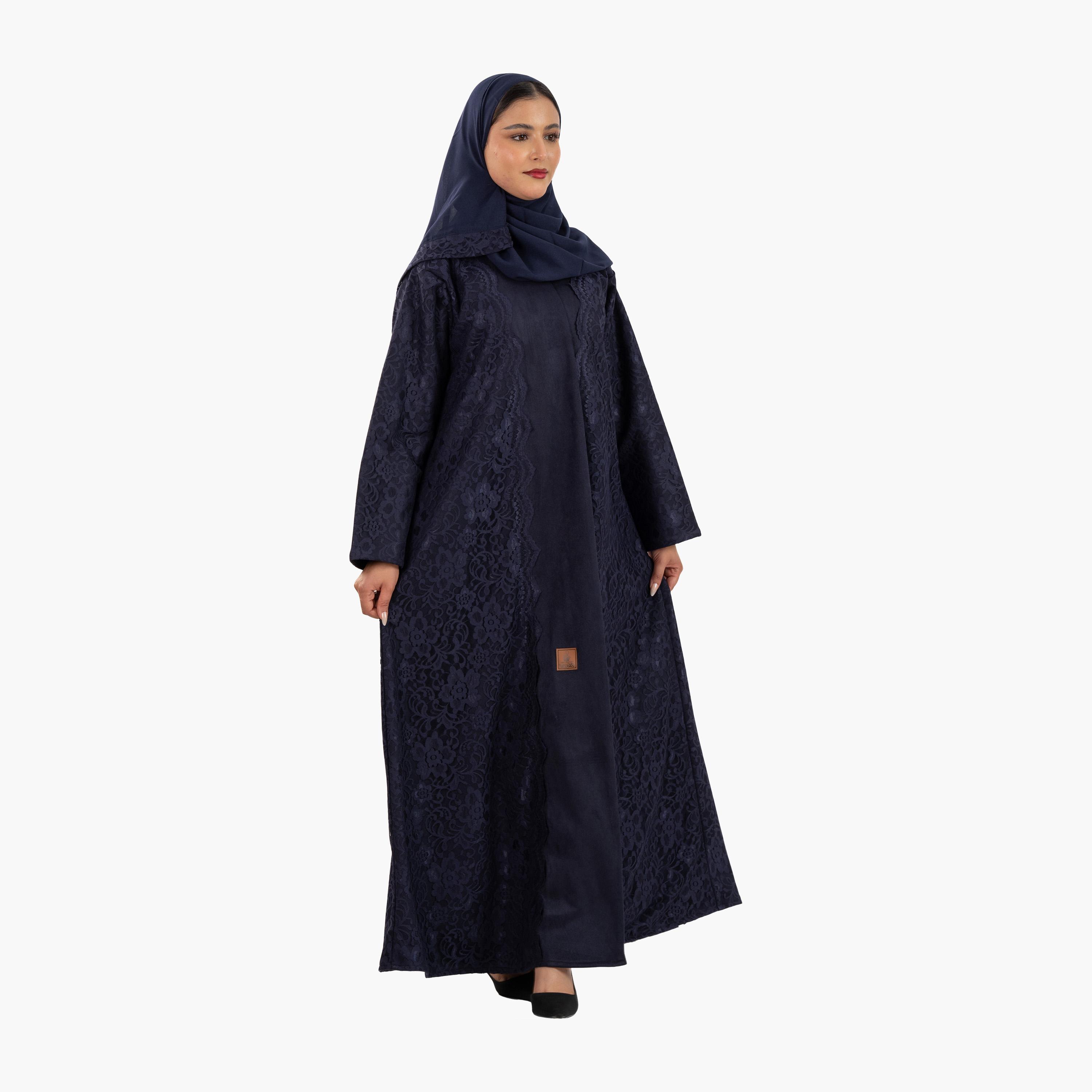 عباية نسائية زرقاء داكنة مزينة بالدانتيل مع حجاب من زاهية-women-arabicclothing-abayas-image-4