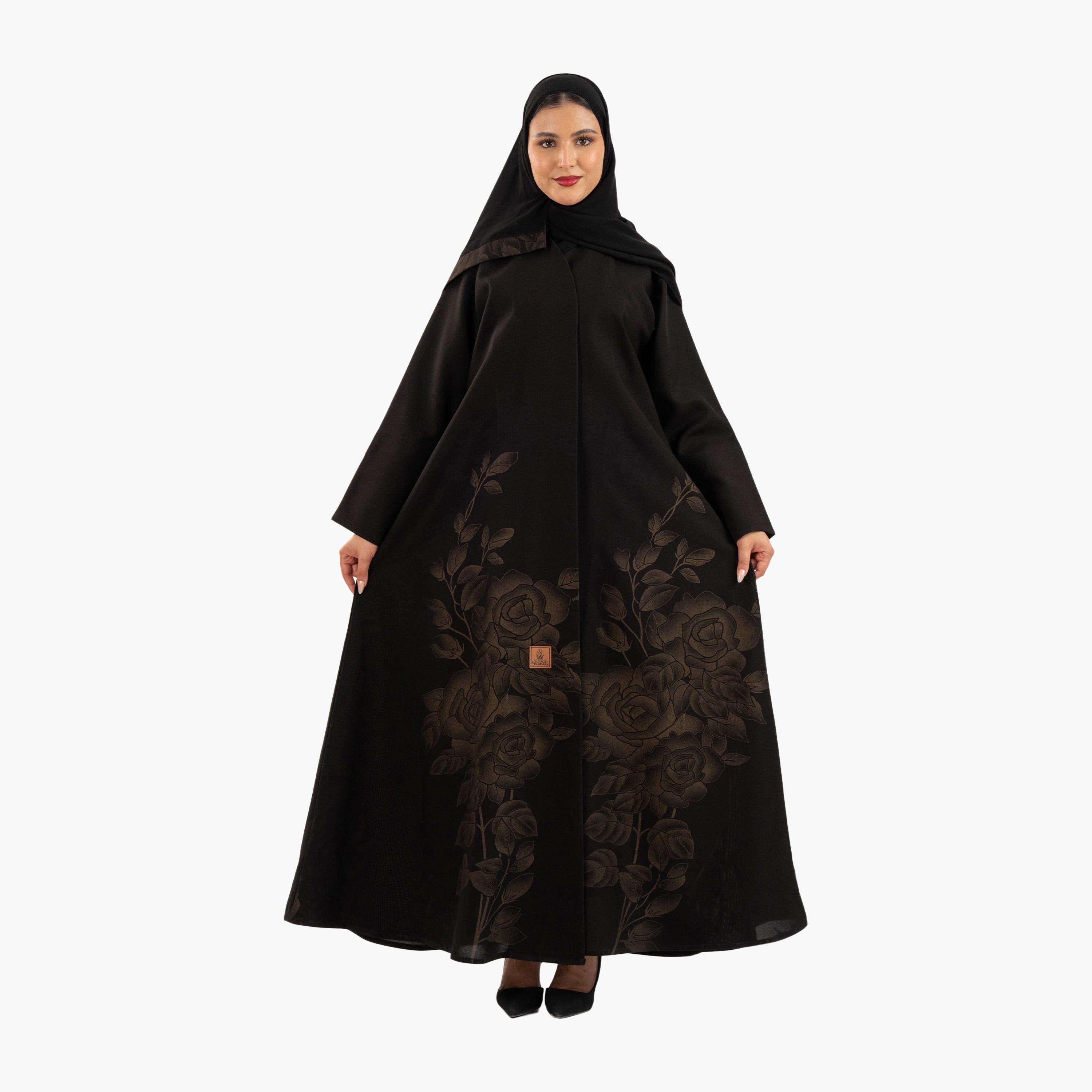 Zahiyh Black Floral Printed Women's Abaya with Hijab-women-arabicclothing-abayas-image-1