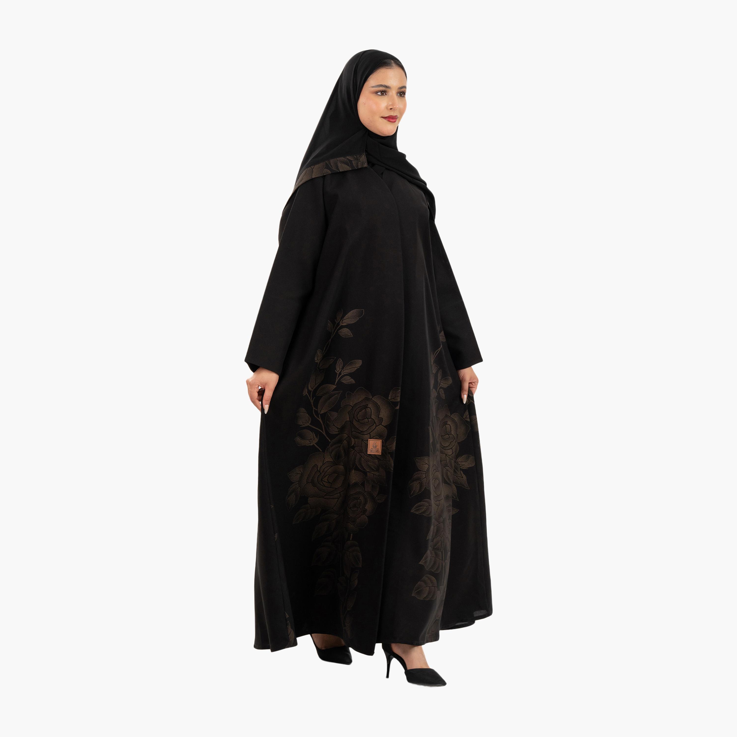 Zahiyh Black Floral Printed Women's Abaya with Hijab-women-arabicclothing-abayas-image-2
