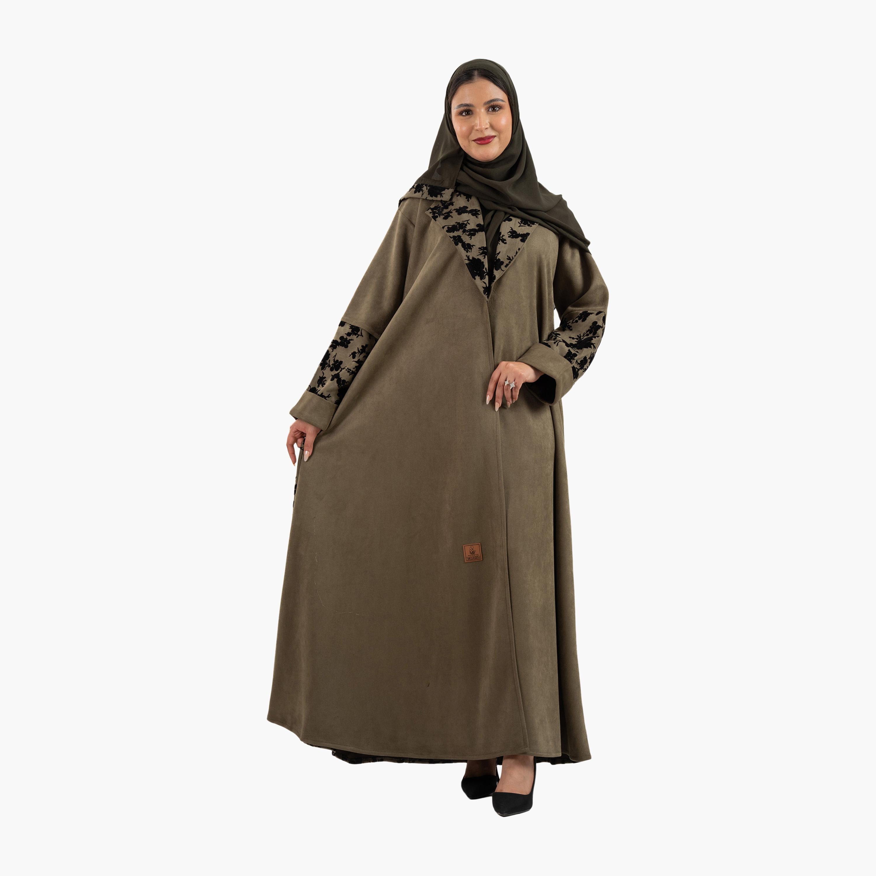 عباية نسائية مع حجاب وياقة ياقة مطبوعة بالورود باللون الأخضر من زاهية-women-arabicclothing-abayas-image-1