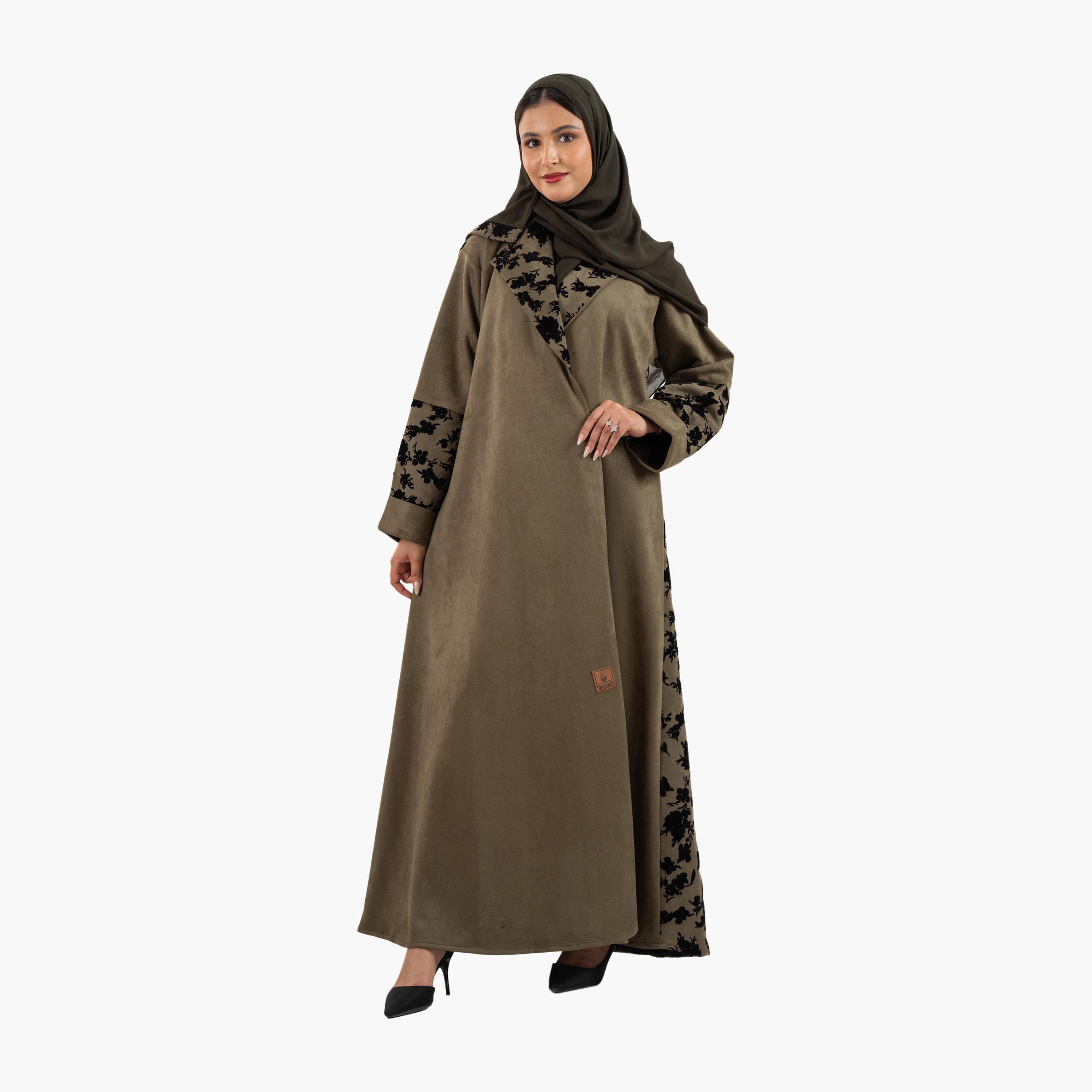 عباية نسائية مع حجاب وياقة ياقة مطبوعة بالورود باللون الأخضر من زاهية-women-arabicclothing-abayas-image-2