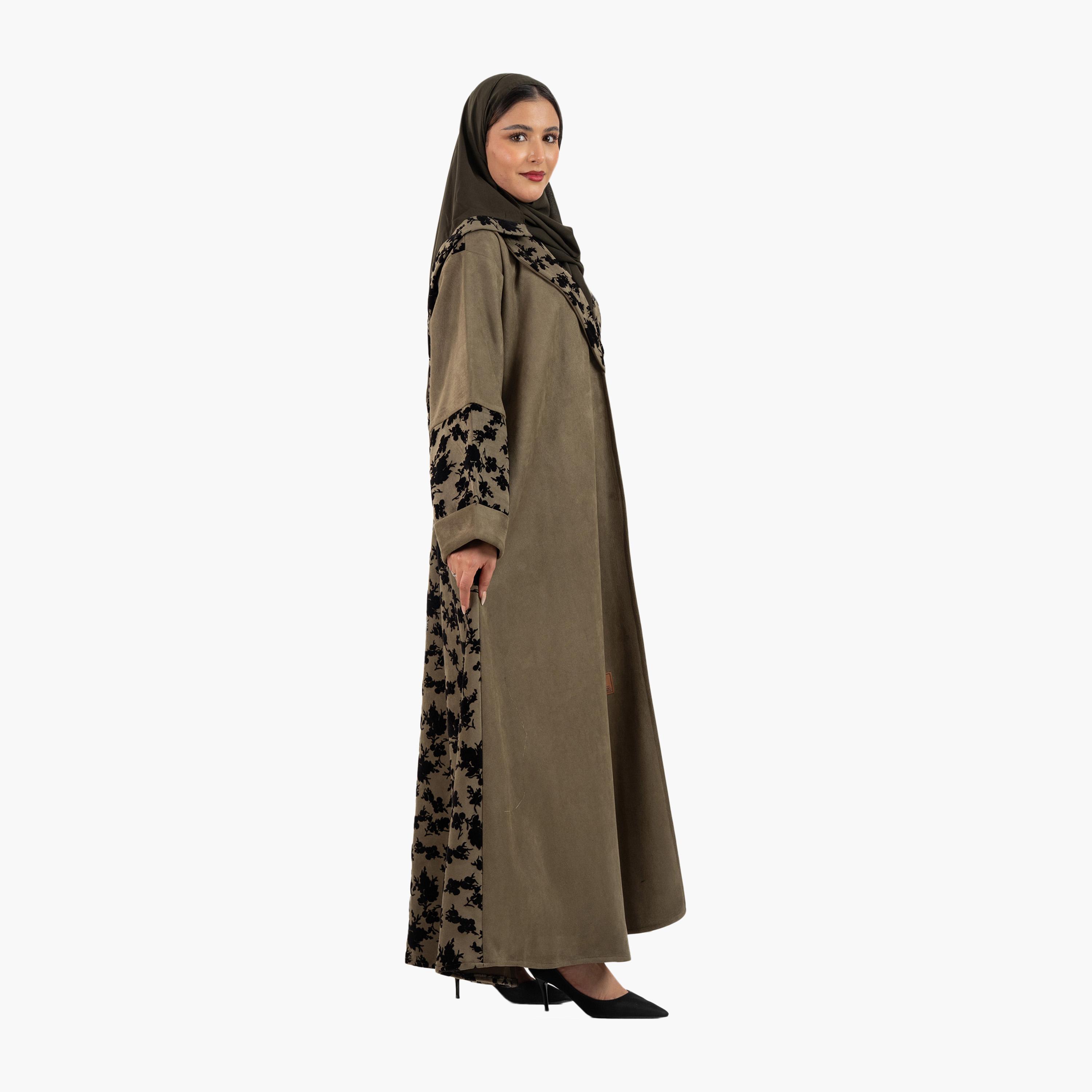 عباية نسائية مع حجاب وياقة ياقة مطبوعة بالورود باللون الأخضر من زاهية-women-arabicclothing-abayas-image-3