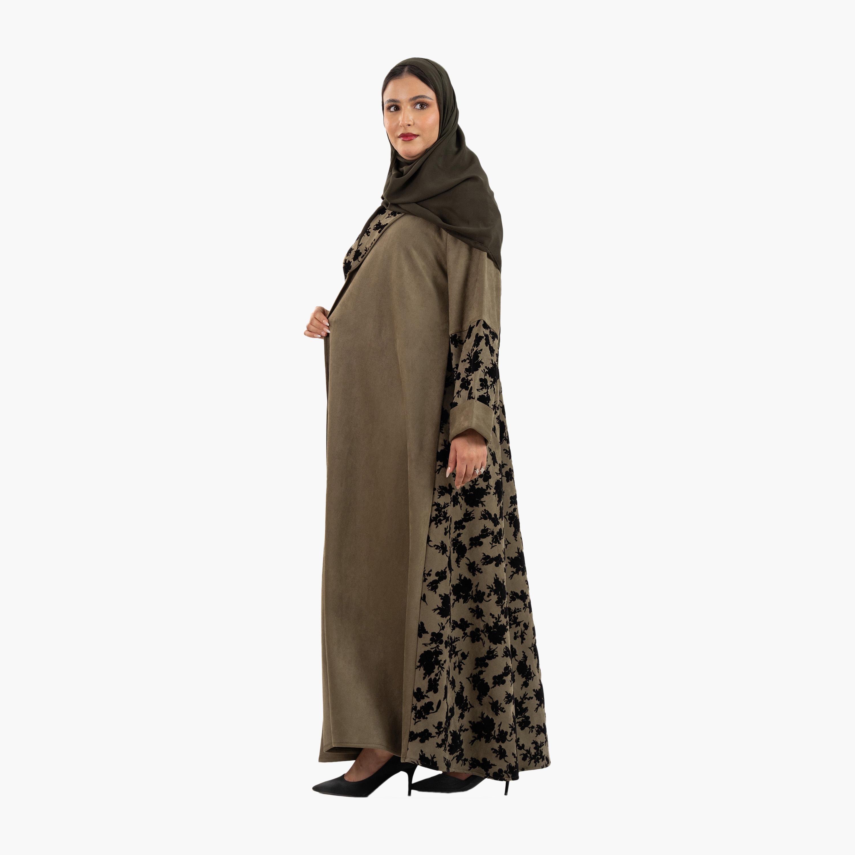 عباية نسائية مع حجاب وياقة ياقة مطبوعة بالورود باللون الأخضر من زاهية-women-arabicclothing-abayas-image-4