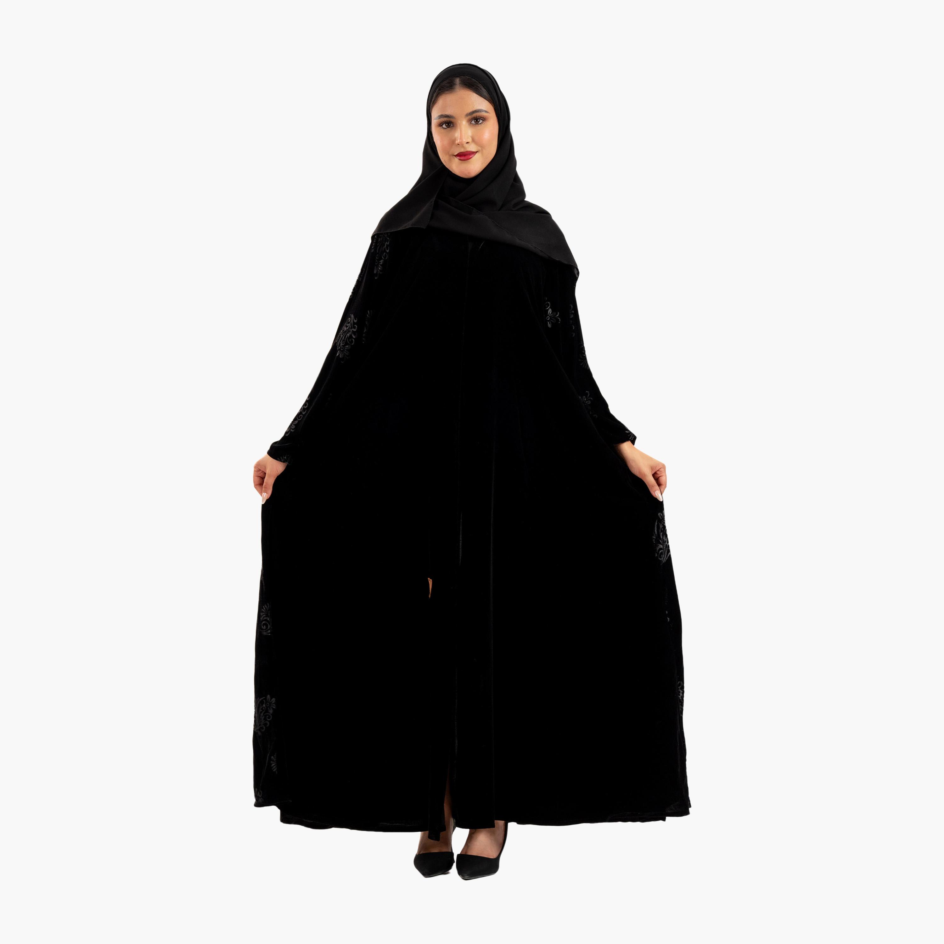 Zahiyh Black Ethnic Motifs Flared Style Women's Abaya with Hijab-women-arabicclothing-abayas-image-1