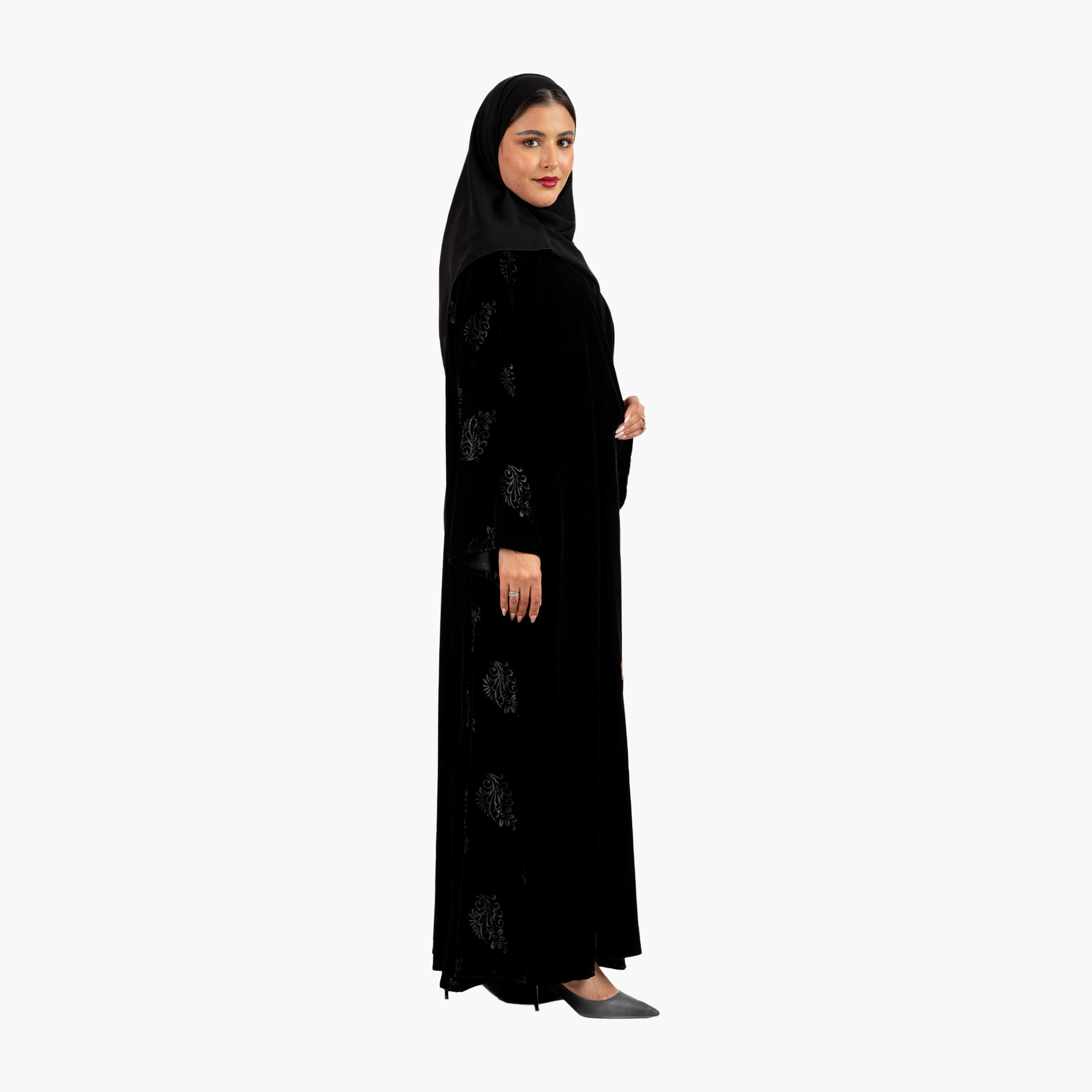 Zahiyh Black Ethnic Motifs Flared Style Women's Abaya with Hijab-women-arabicclothing-abayas-image-3