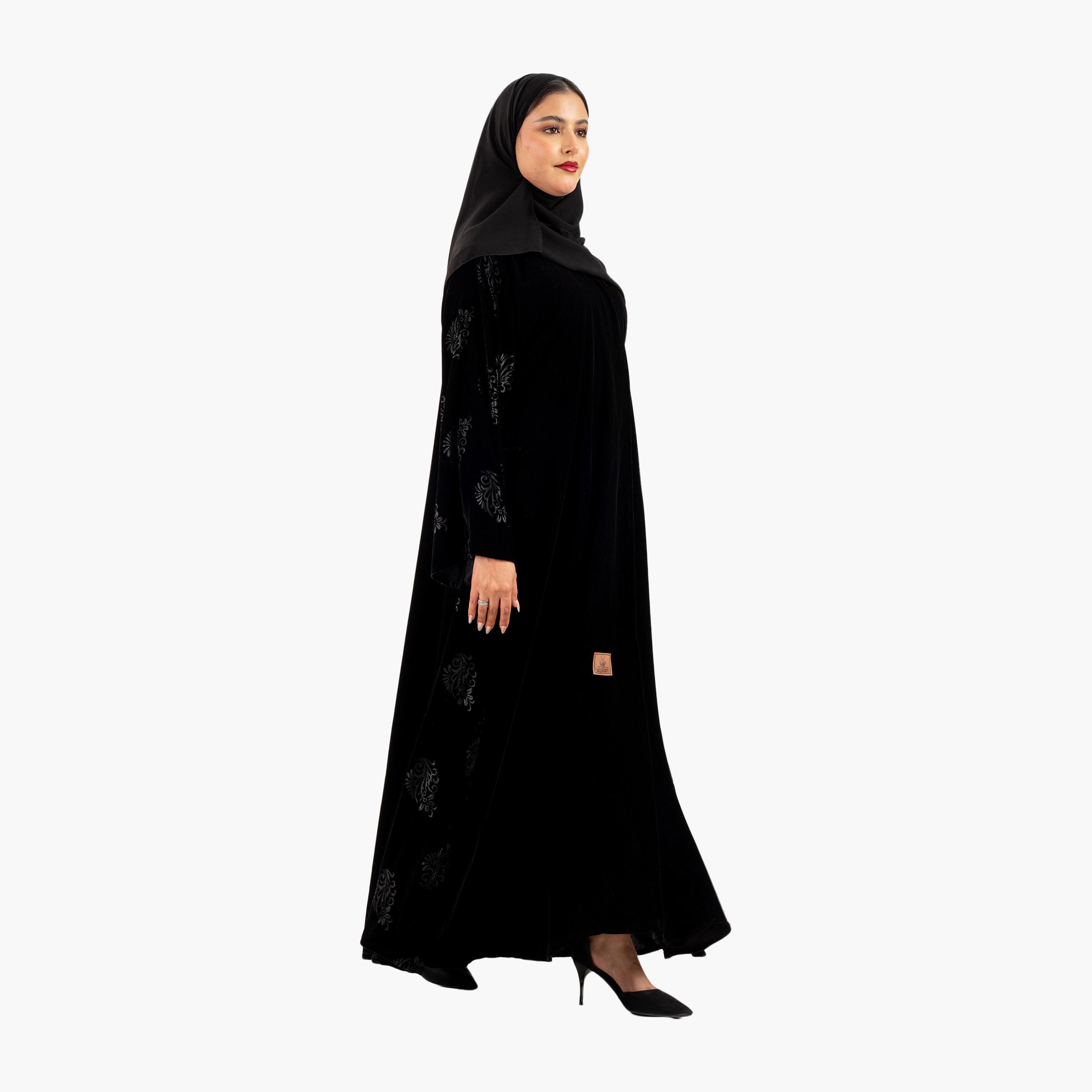 Zahiyh Black Ethnic Motifs Flared Style Women's Abaya with Hijab-women-arabicclothing-abayas-image-4