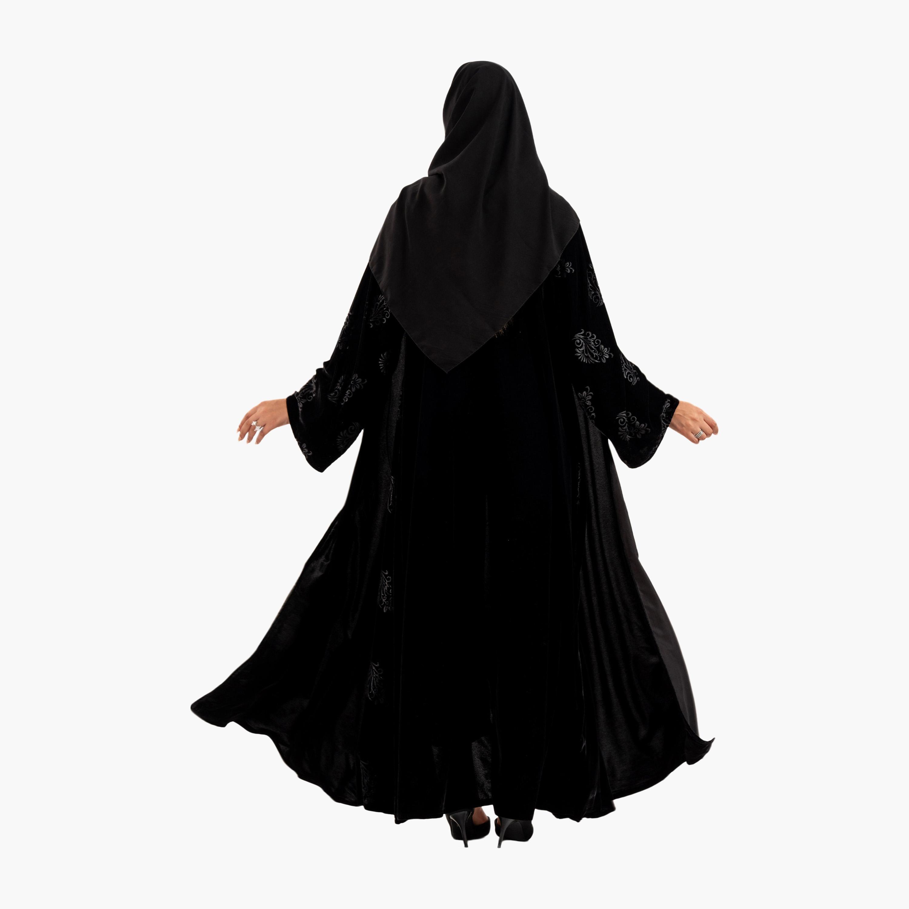 Zahiyh Black Ethnic Motifs Flared Style Women's Abaya with Hijab-women-arabicclothing-abayas-image-5