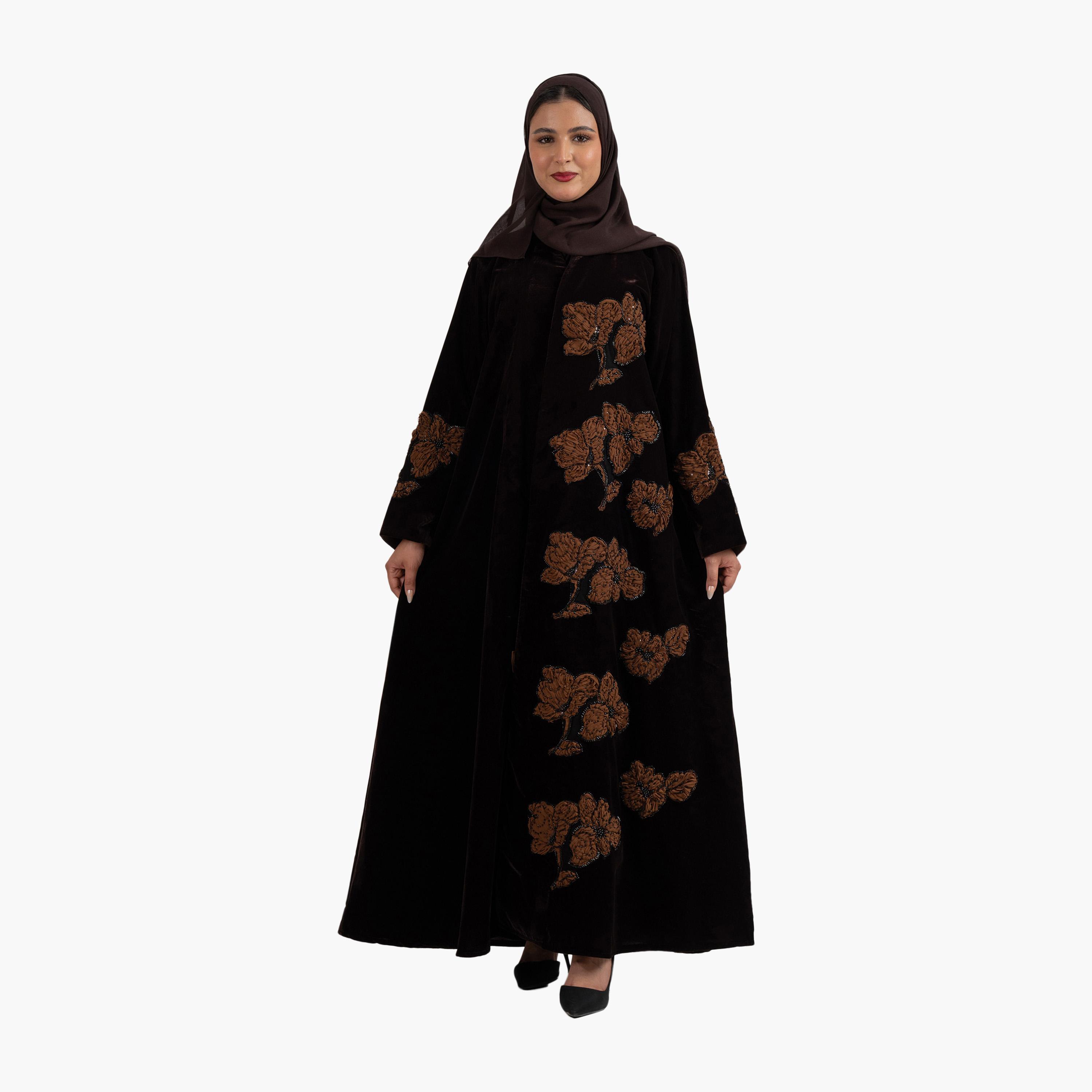 Zahiyh Brown 3D Floral Evening Women's Abaya with Hijab-women-arabicclothing-abayas-image-1