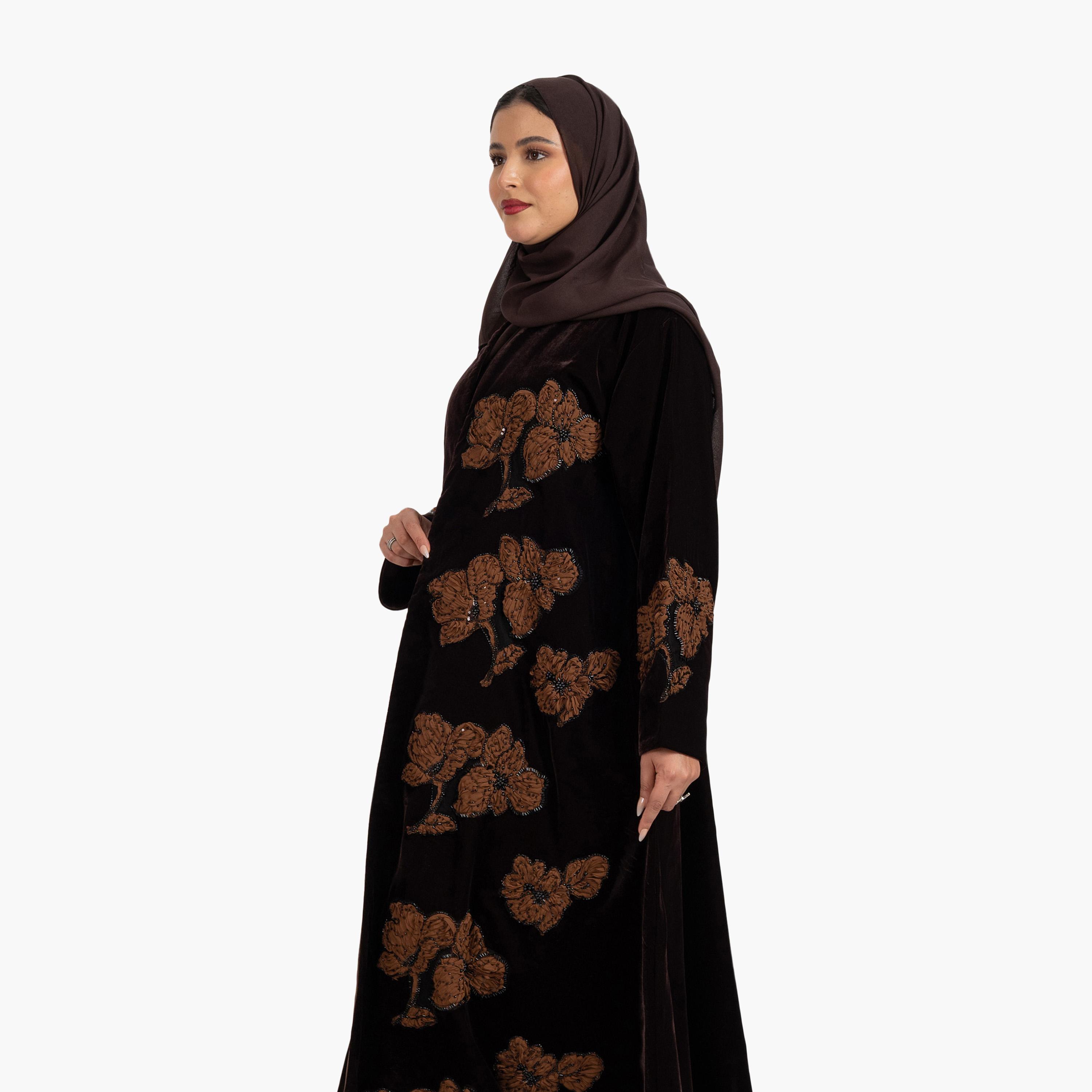 Zahiyh Brown 3D Floral Evening Women's Abaya with Hijab-women-arabicclothing-abayas-image-2