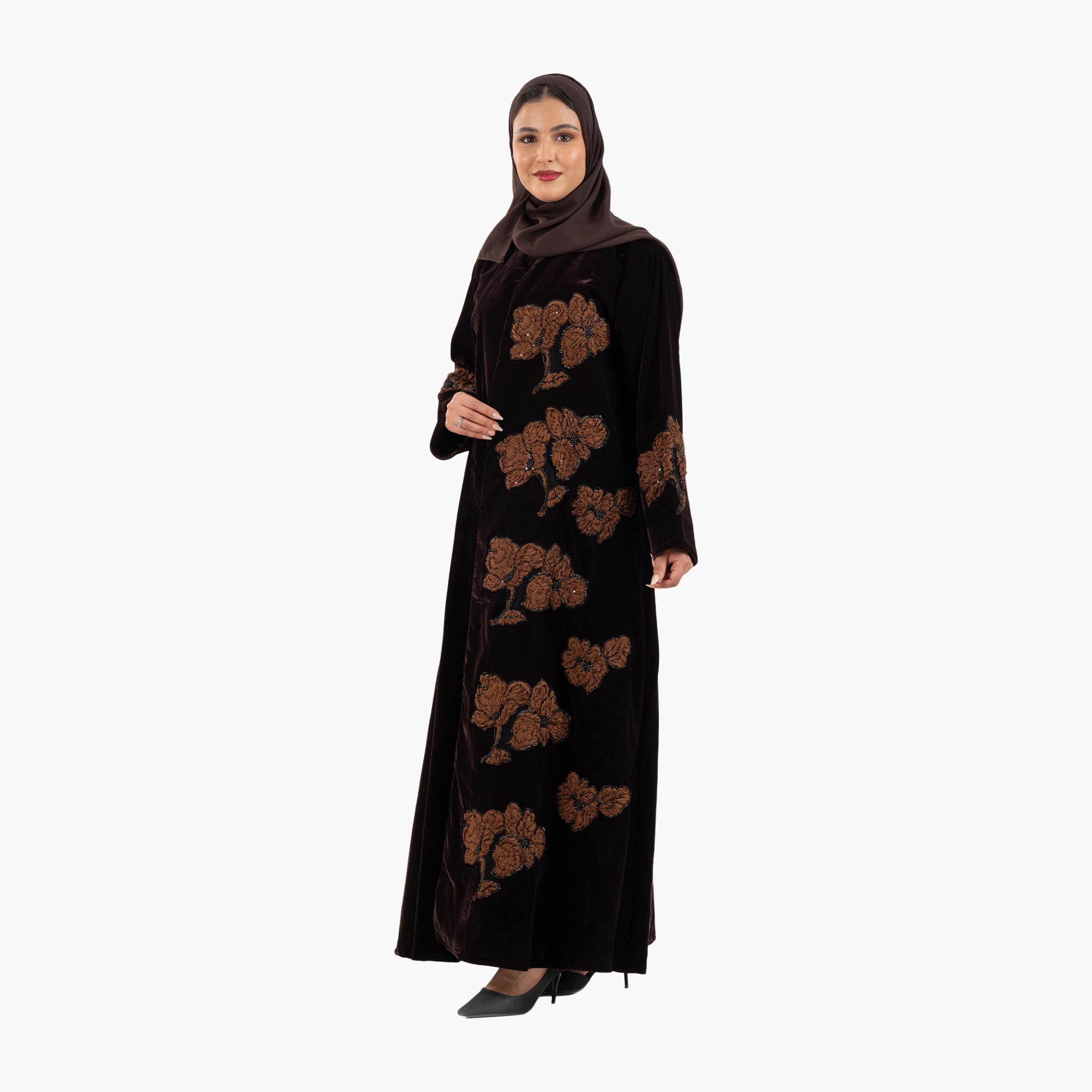 Zahiyh Brown 3D Floral Evening Women's Abaya with Hijab-women-arabicclothing-abayas-image-3