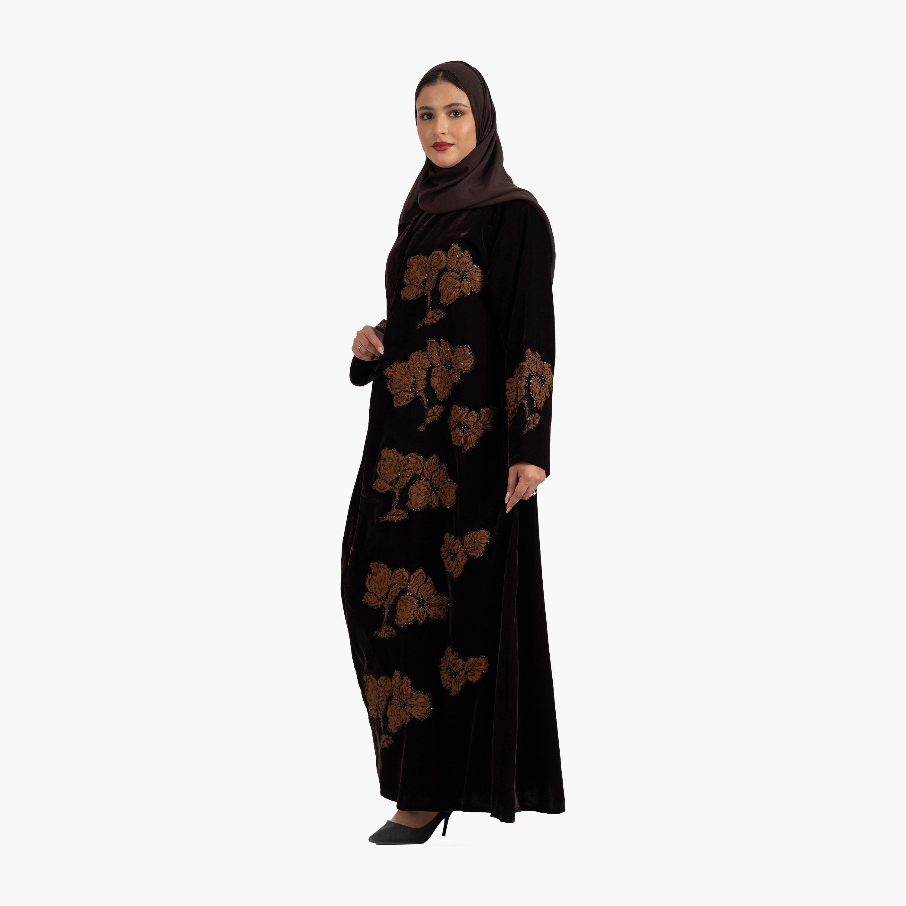 Zahiyh Brown 3D Floral Evening Women's Abaya with Hijab-women-arabicclothing-abayas-image-5
